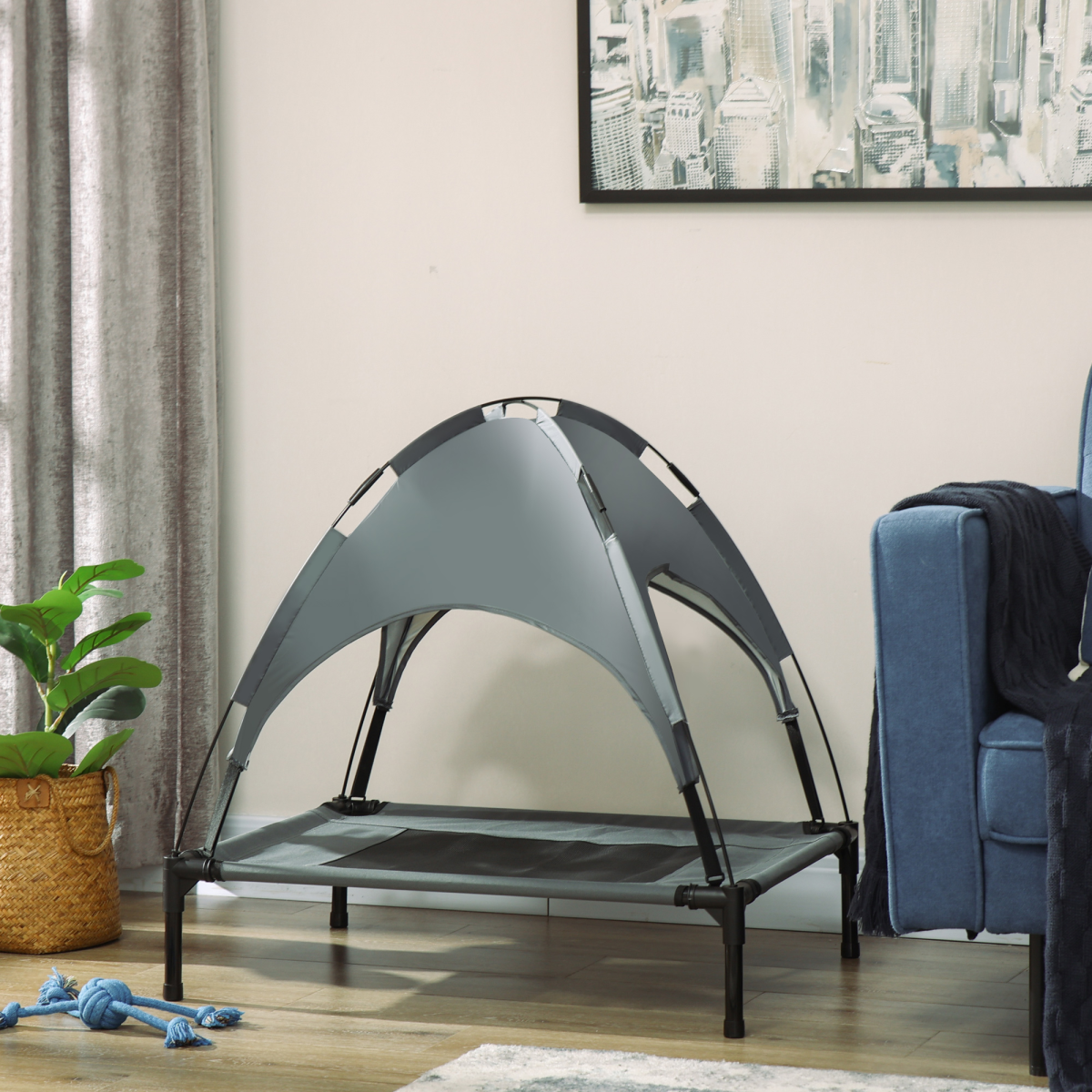 76cm Elevated Dog Bed with Removable Canopy, Raised Outdoor Pet Cot, Grey, Pawhut