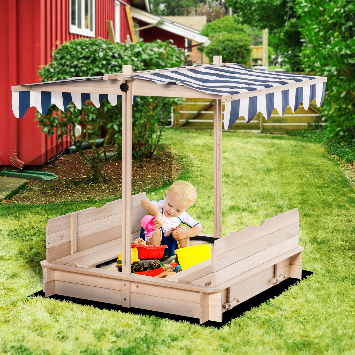 Outsunny Kids Wooden Sandpit with Adjustable Canopy and Benches