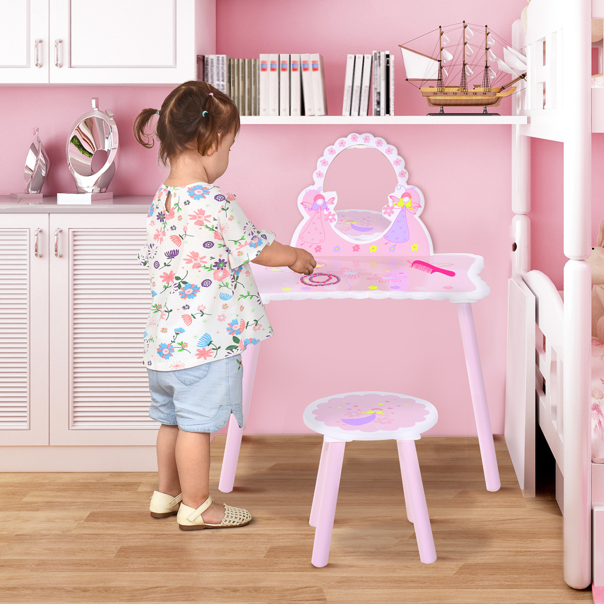 Pink Kids Dressing Table Vanity Set with Mirror and Chair, Girls Make Up Play Set