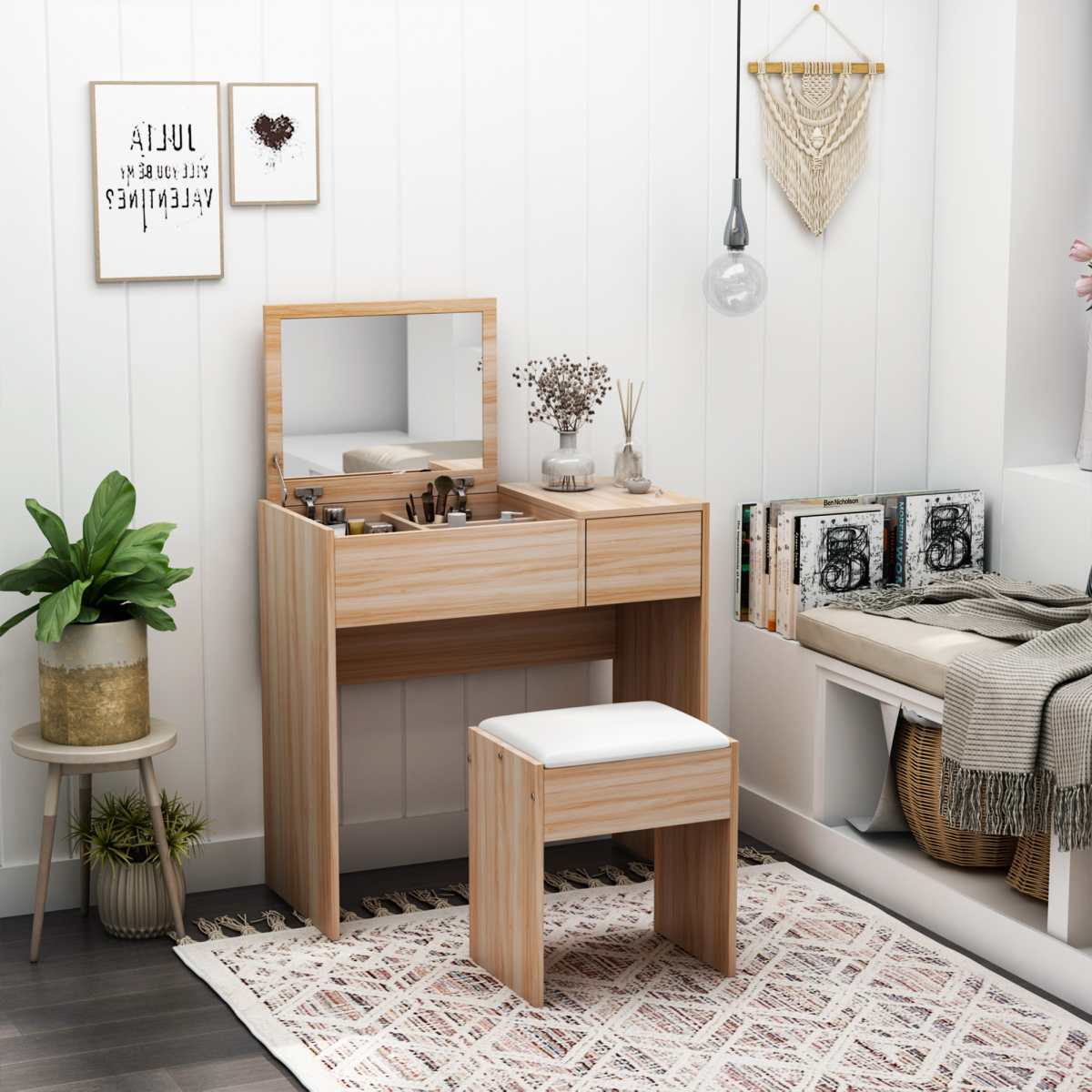 HOMCOM Dressing Table with Flip-Up Mirror, Hidden Storage, Slide-Out Drawer and Padded Stool