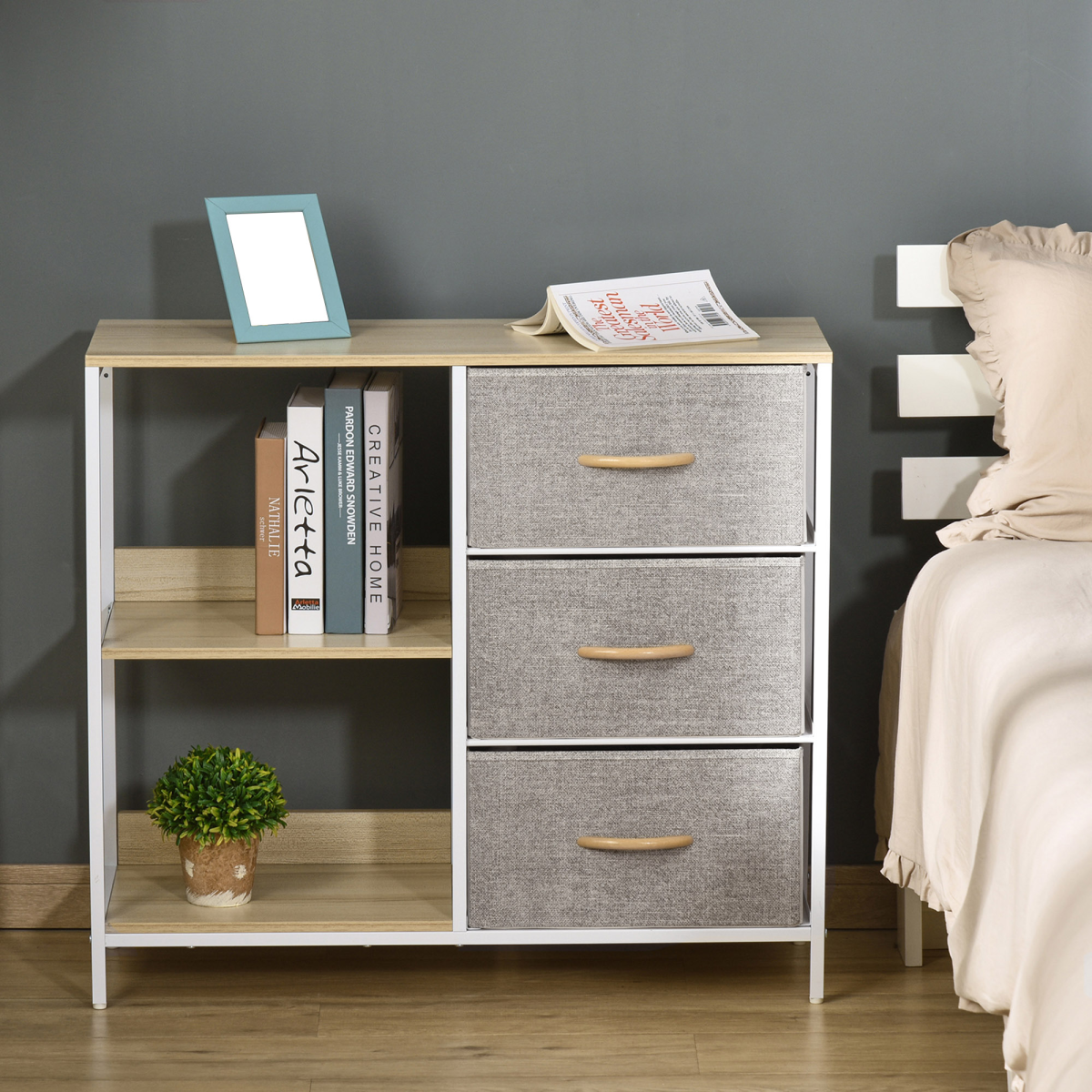 Beige Chest Dresser with 3 Drawers, 3 Shelves and Metal Frame