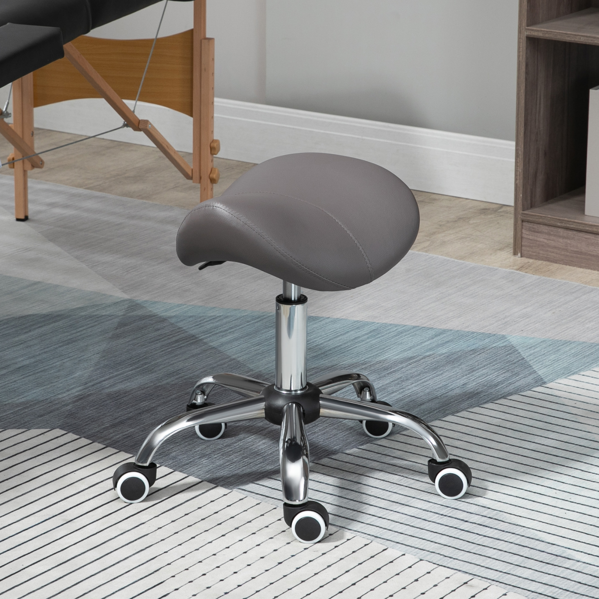 HOMCOM Grey Adjustable Saddle Stool with Padded Faux Leather Seat