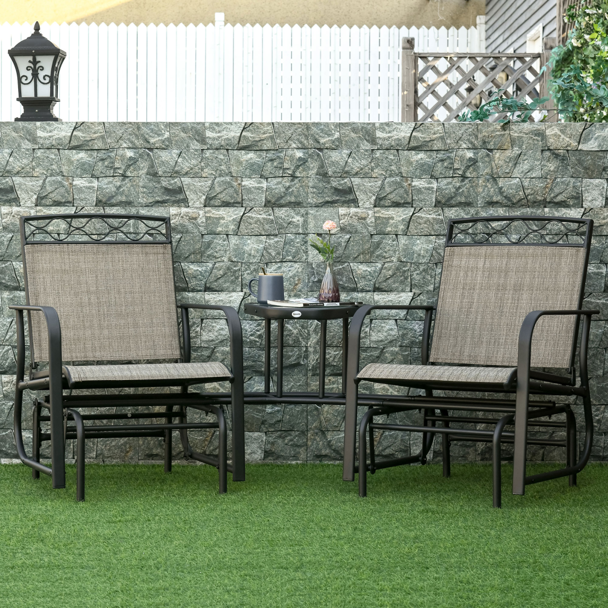 Outsunny 2 Seater Patio Rocking Chairs Set with Tempered Glass Table, Brown