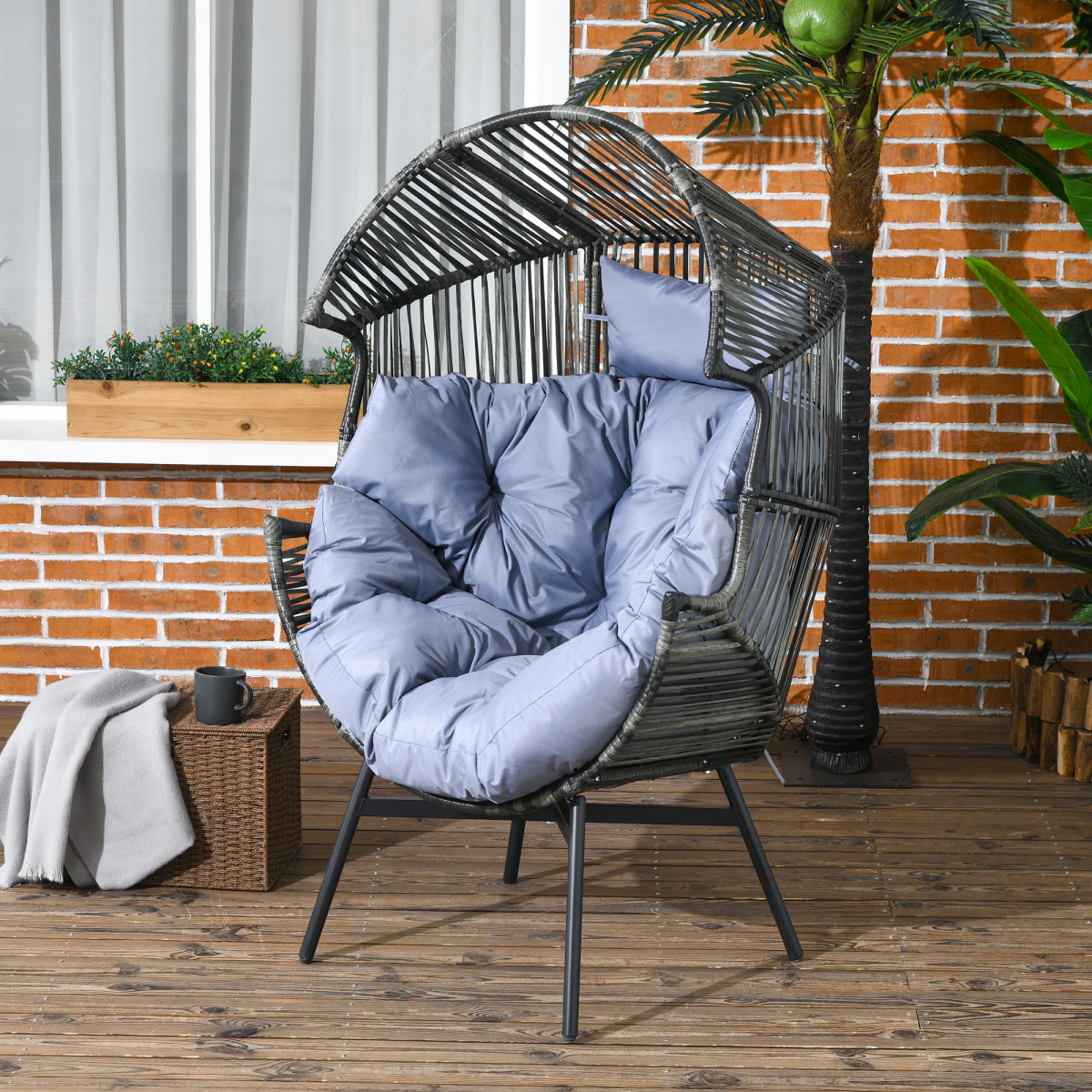 Outsunny Grey Rattan Egg Chair with Cushion and Headrest