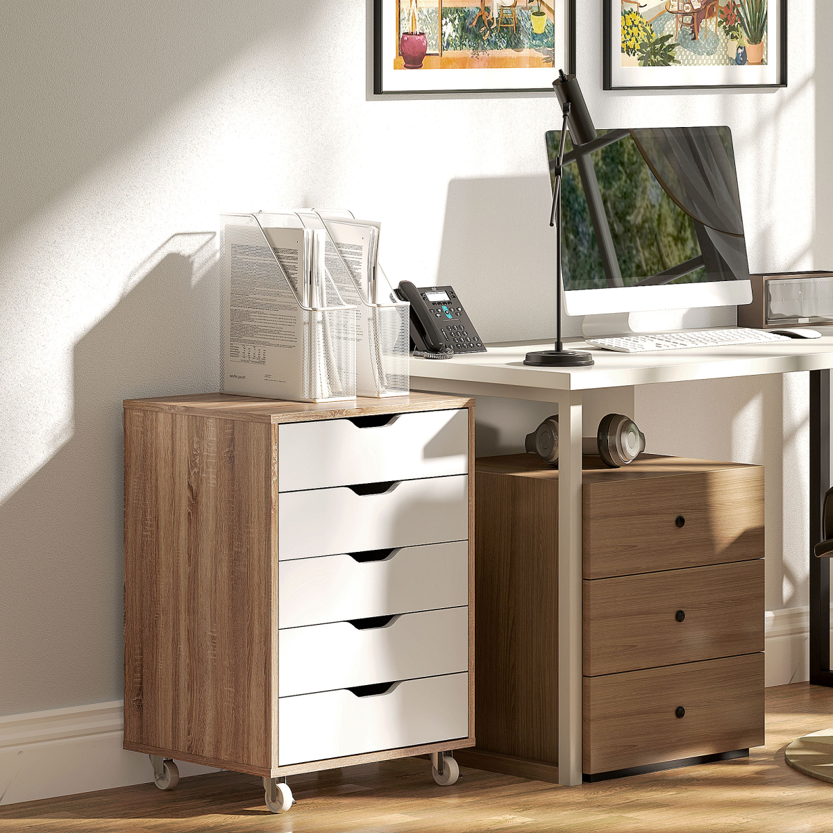 Vinsetto 5-Drawer Mobile File Cabinet with Wheels, Brown