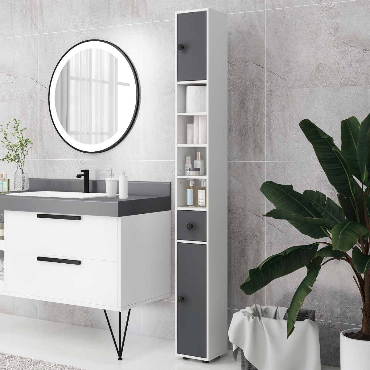 kleankin Slim Grey Bathroom Cabinet with Drawer and Open Shelves