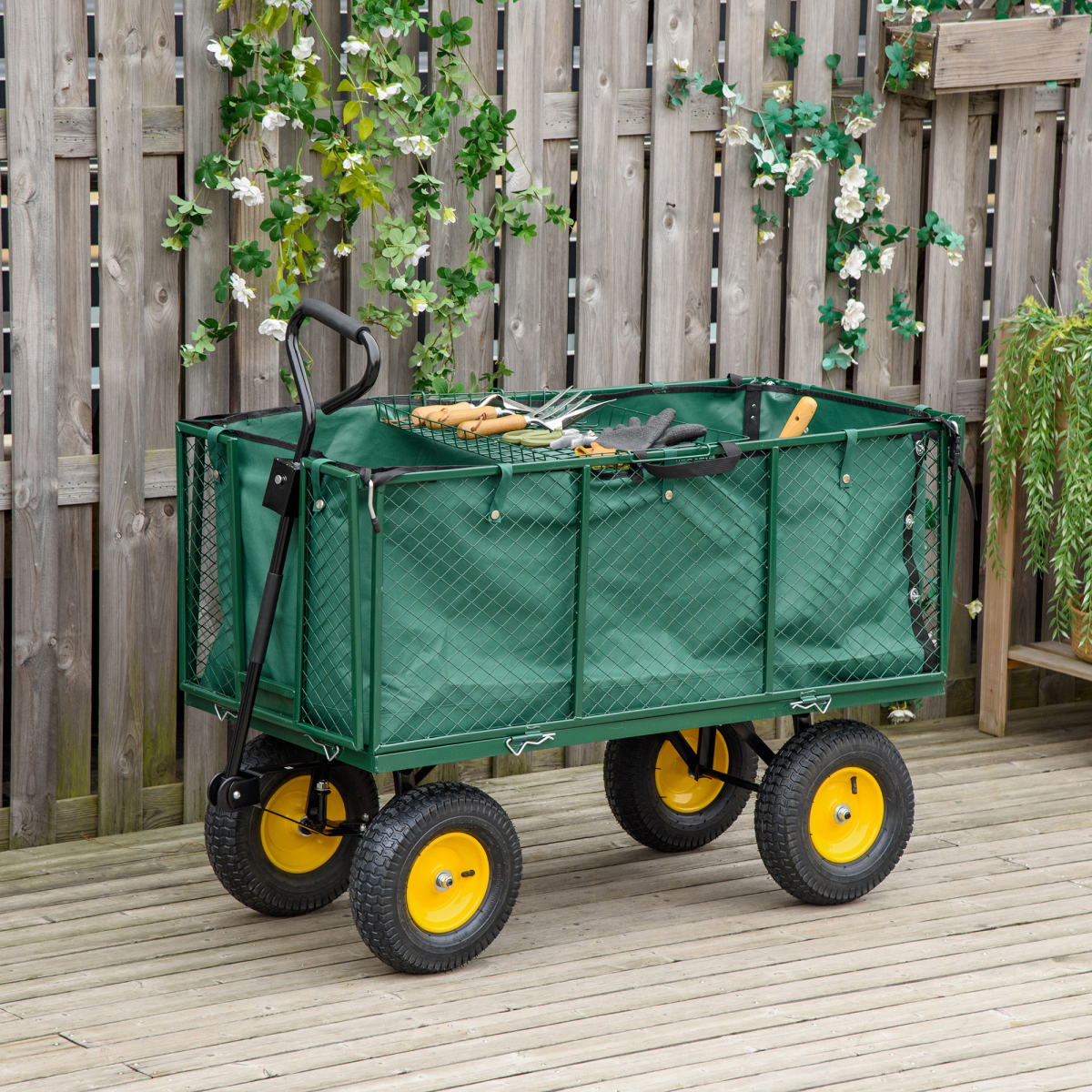 Outsunny Large 4 Wheel Garden Cart Truck Trolley with 342L Removable Fabric Bag, Removable Shelf, 350kg Load Capacity - Green