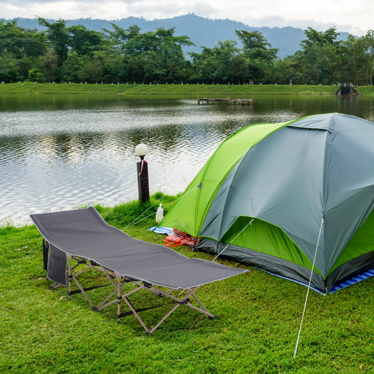 Outsunny Portable Outdoor Camping Cot with Steel Frame and Travel Bag, Grey and Beige