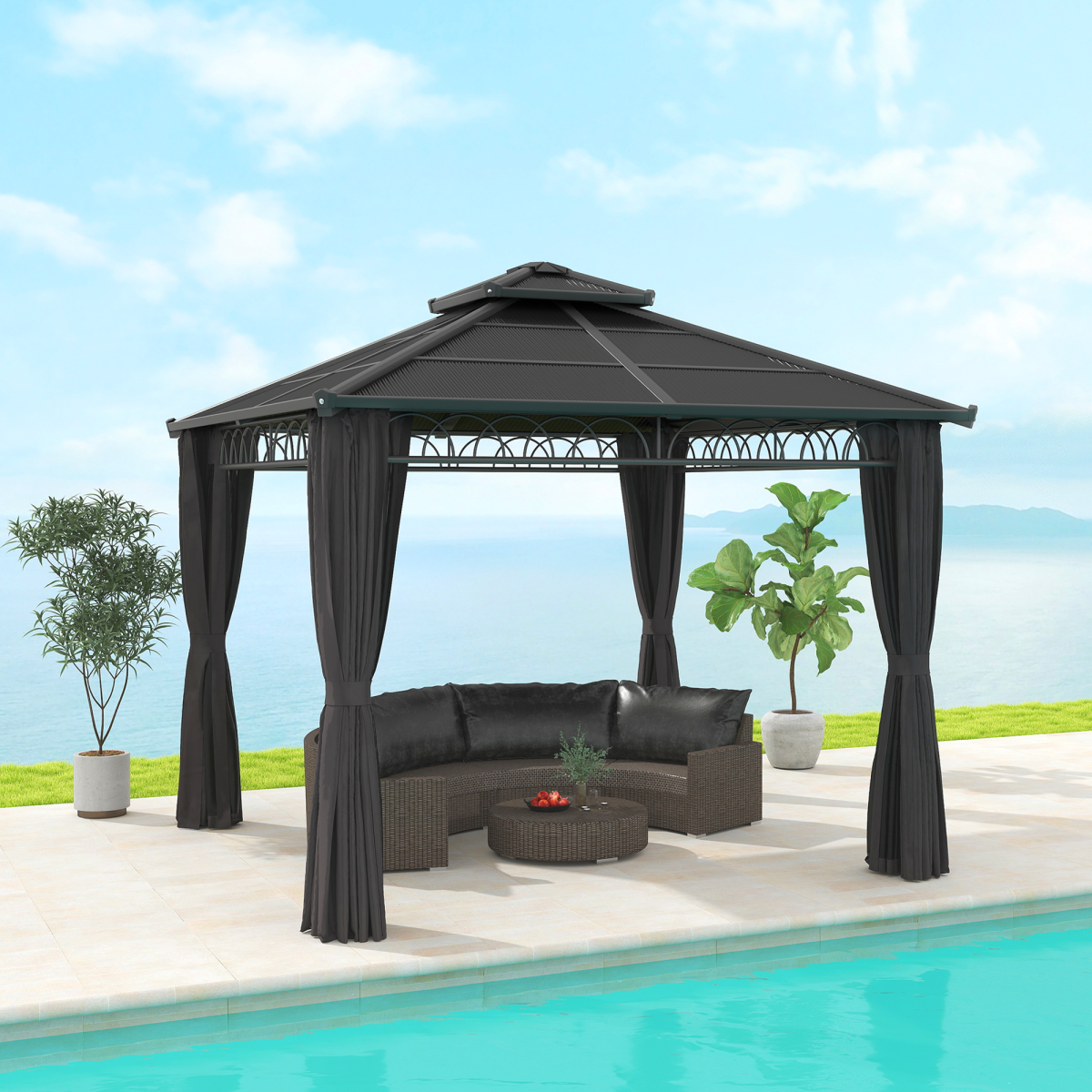 Outsunny 3 x 3 m Double Roof Hardtop Gazebo with Netting, Dark Grey