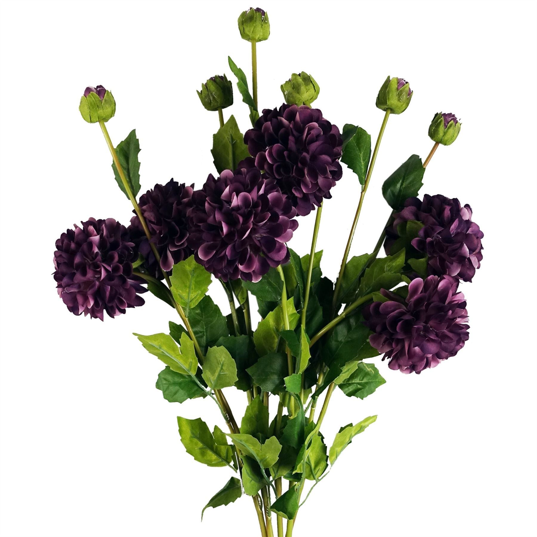 Leaf 75cm Artificial Dahlia Pompom Flower Stem Purple
