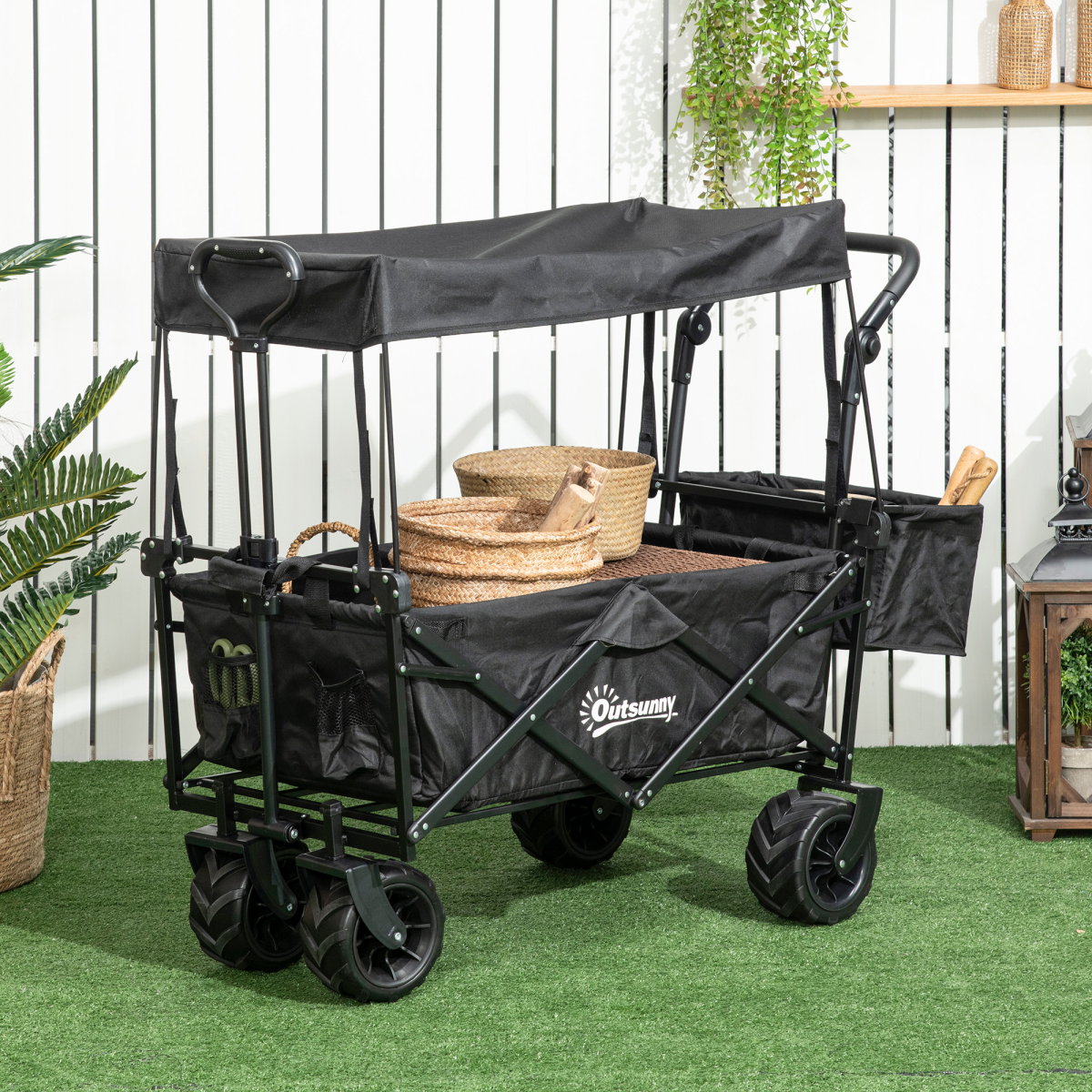 Outsunny Folding Trolley Cart Wagon with Canopy, 4 Wheels, Black