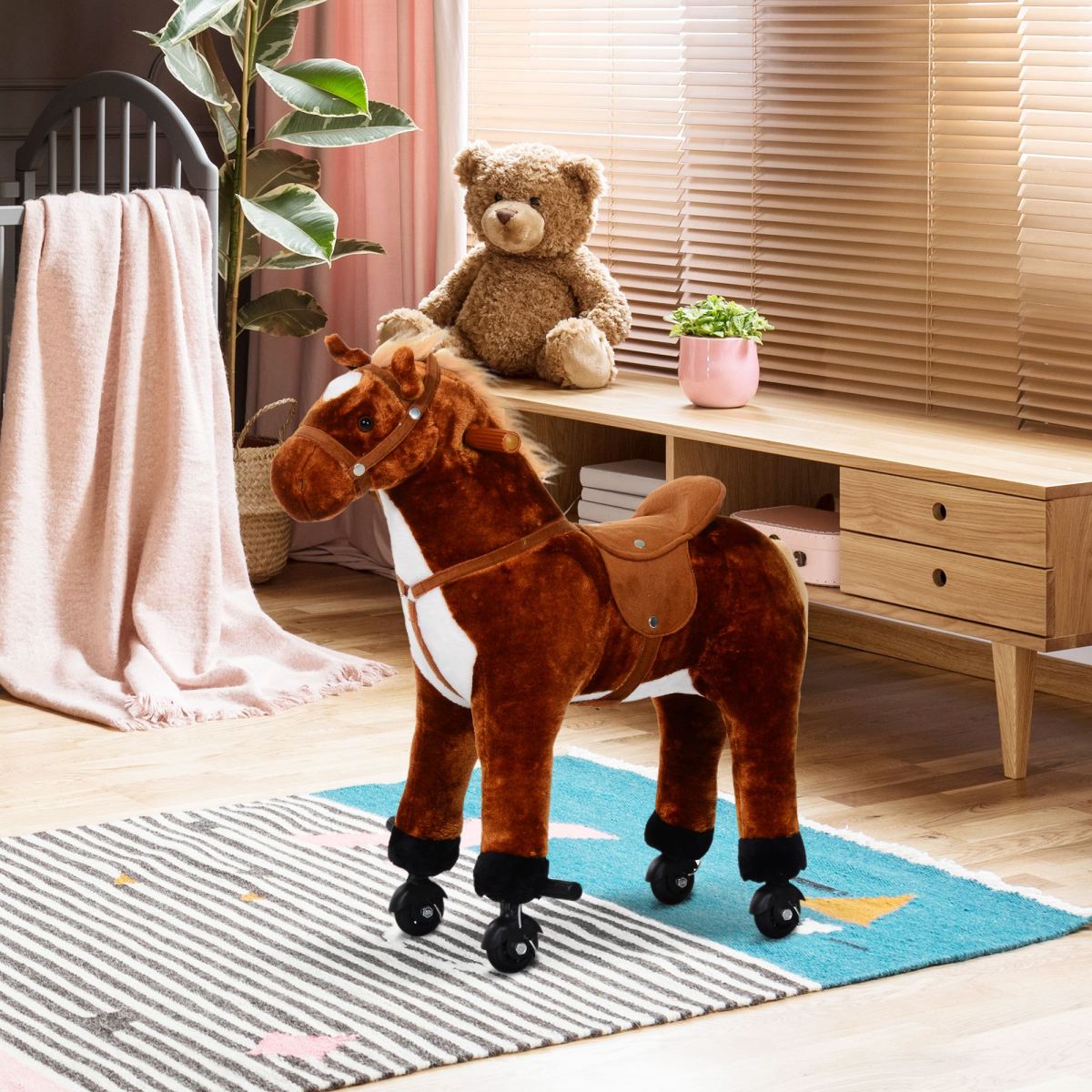 HOMCOM Plush Ride On Walking Horse Toy with Wheels and Sound