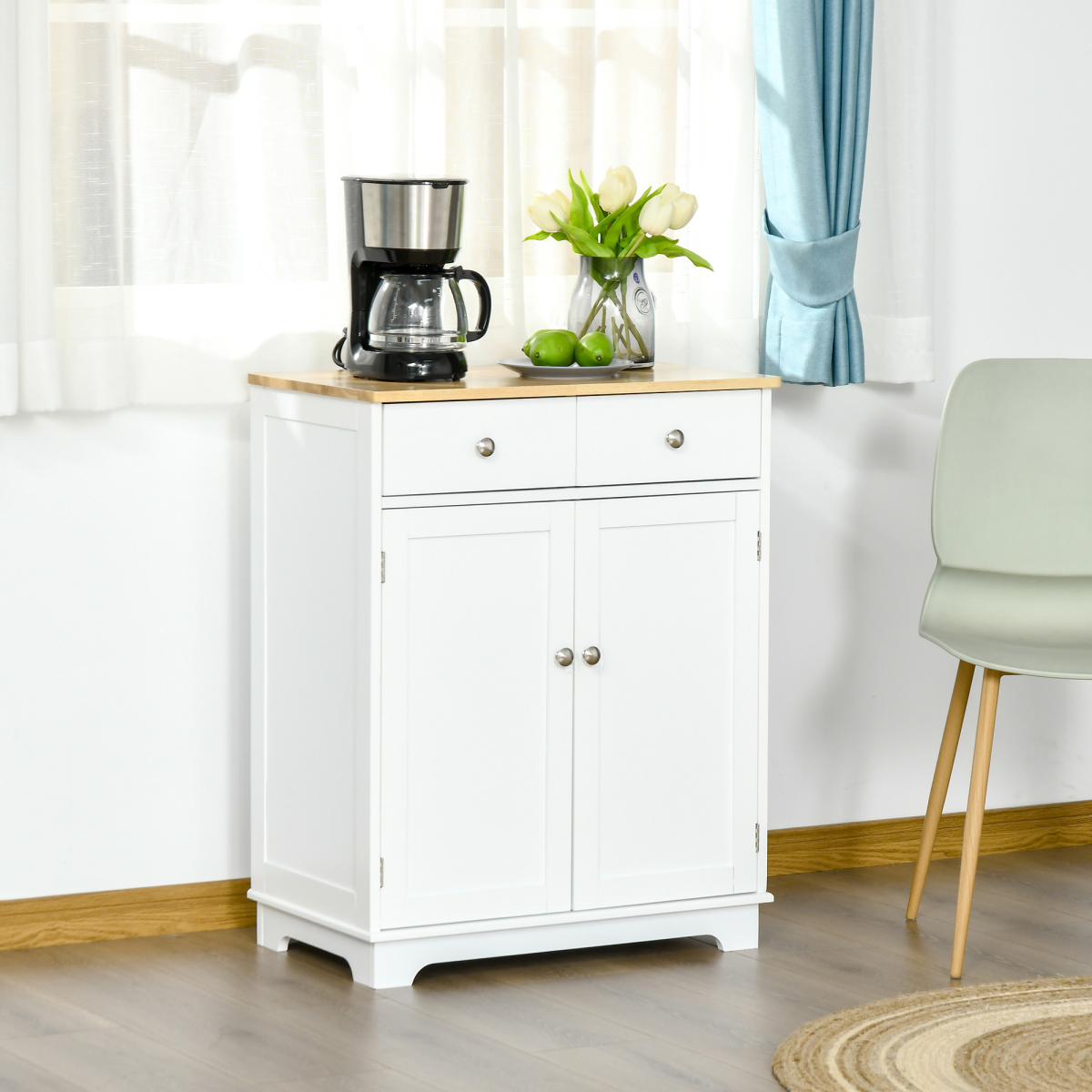 HOMCOM Kitchen Cupboard Side Cabinet Island with Adjustable Shelf, 2 Drawers, 2 Doors, MDF and Rubber Wood Top
