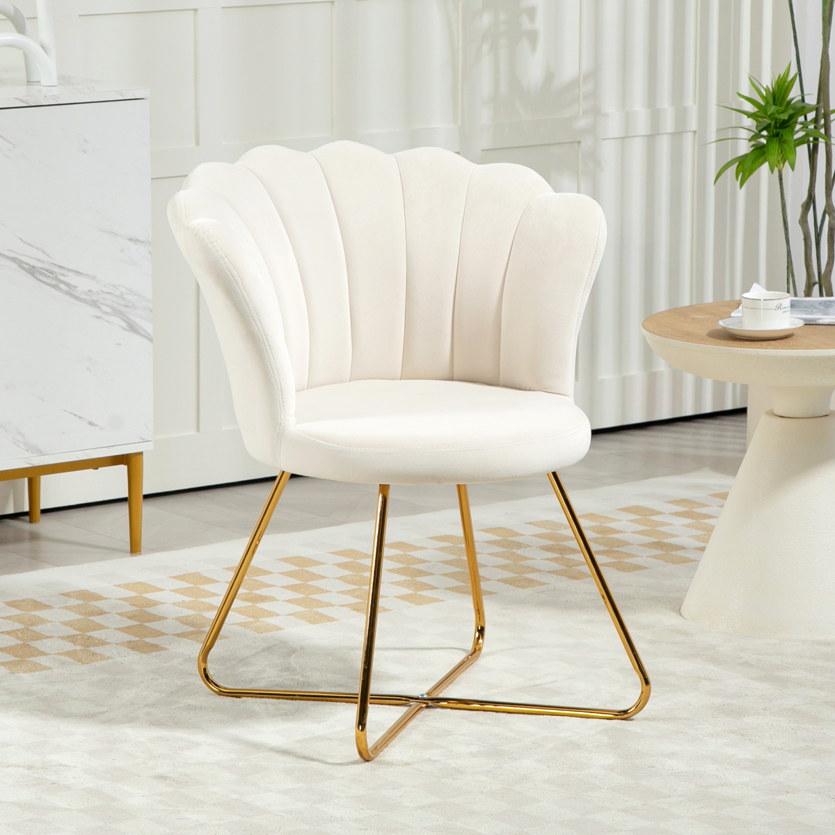 HOMCOM Velvet Accent Chair with Lotus Backrest, Steel Legs, Cream
