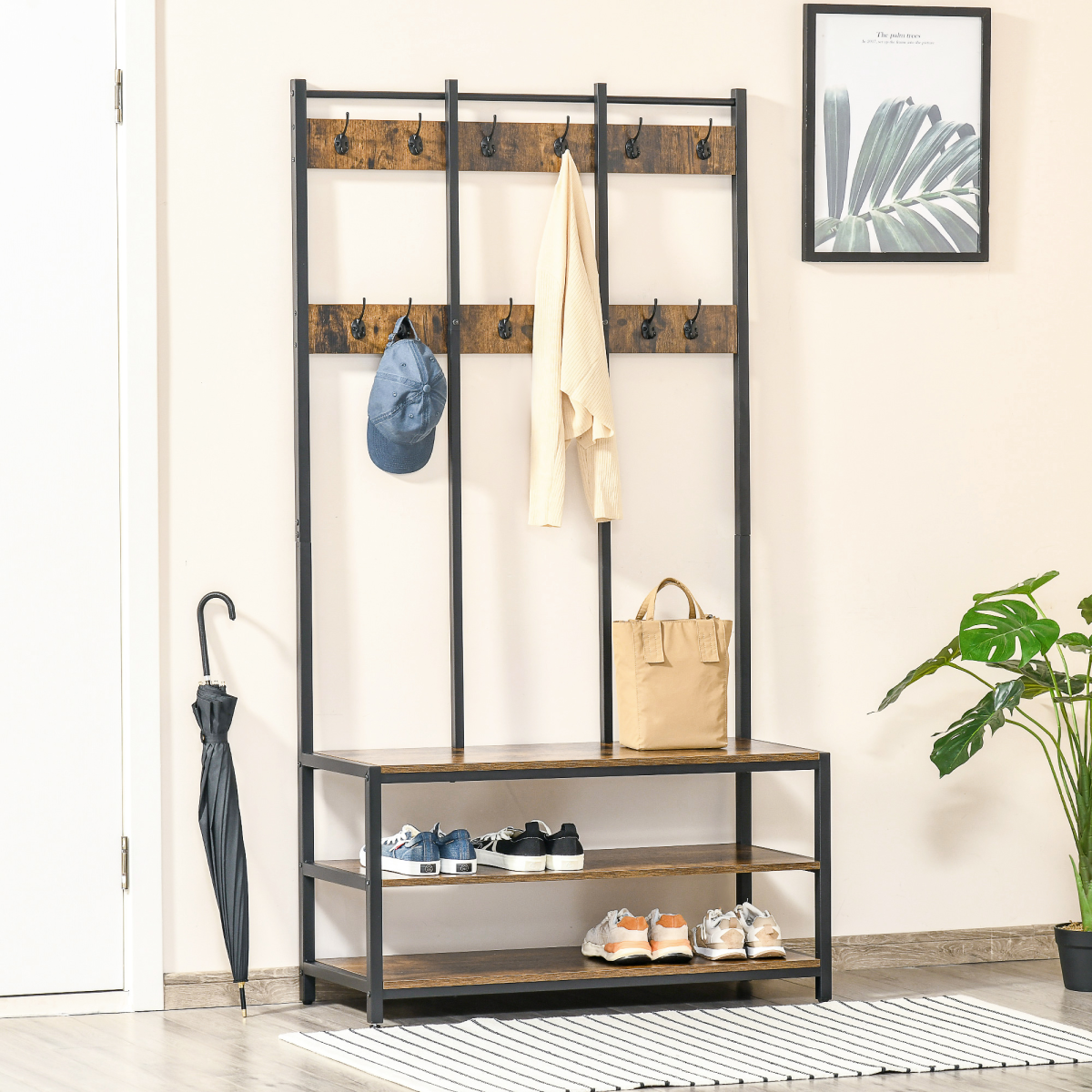 Entryway Hall Tree Coat Rack with Shoe Bench, 3-in-1 Metal Storage Rack with 12 Hooks and Shoe Shelf, Industrial Style