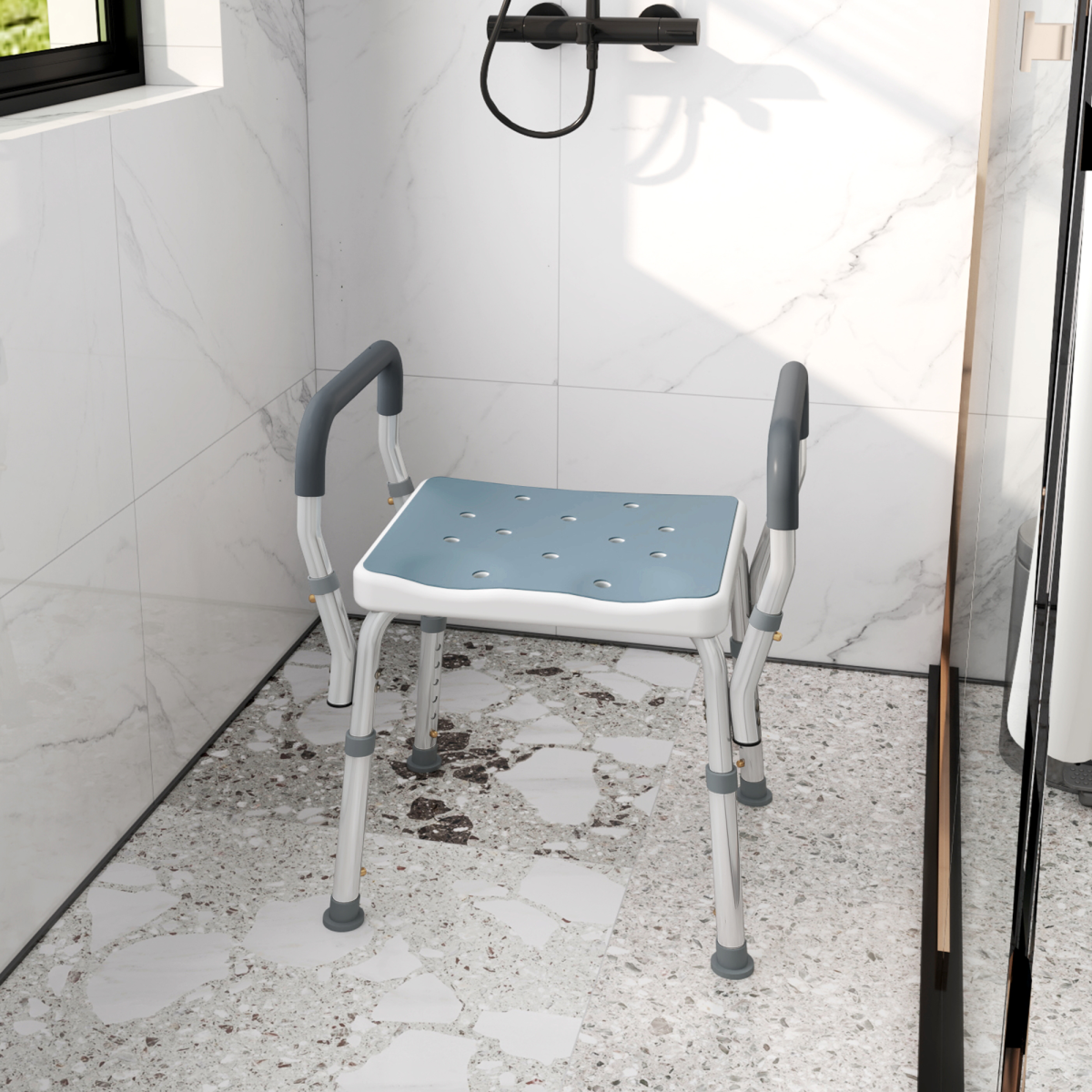 HOMCOM Adjustable Height Rust-Resistant Aluminium Bath Chair, Light Blue