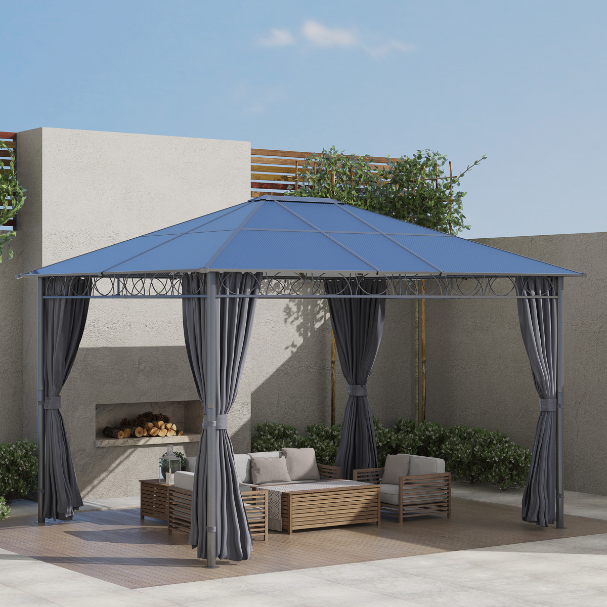 3.6 x 3 m Hardtop Gazebo with Polycarbonate Roof and Curtains