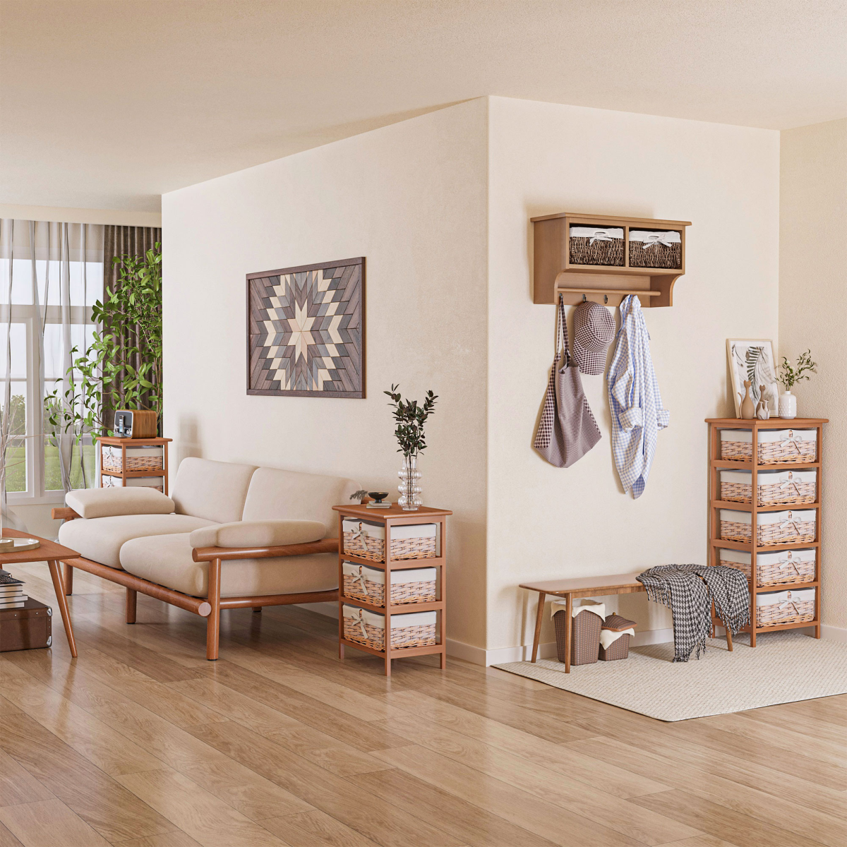 HOMCOM 5-Drawer Wooden Storage Unit with Wicker Woven Baskets and Removable Liners
