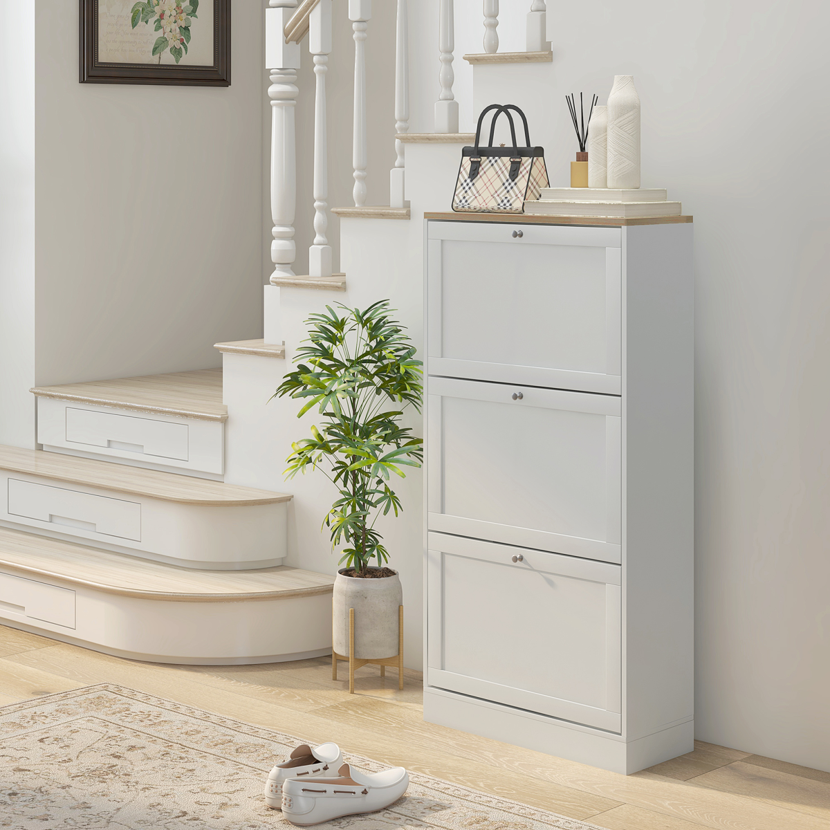 HOMCOM Slim White Shoe Cabinet with 3 Flip Drawers, 18-Pair Storage