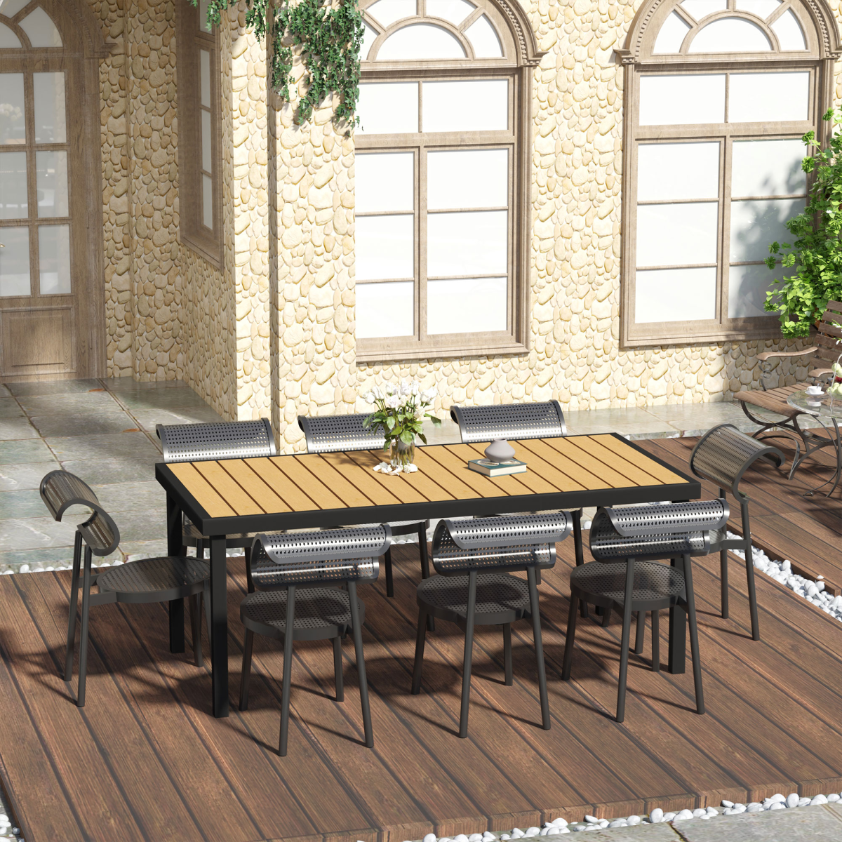 Outsunny 8-Seater Outdoor Dining Table, Aluminium Frame, Natural
