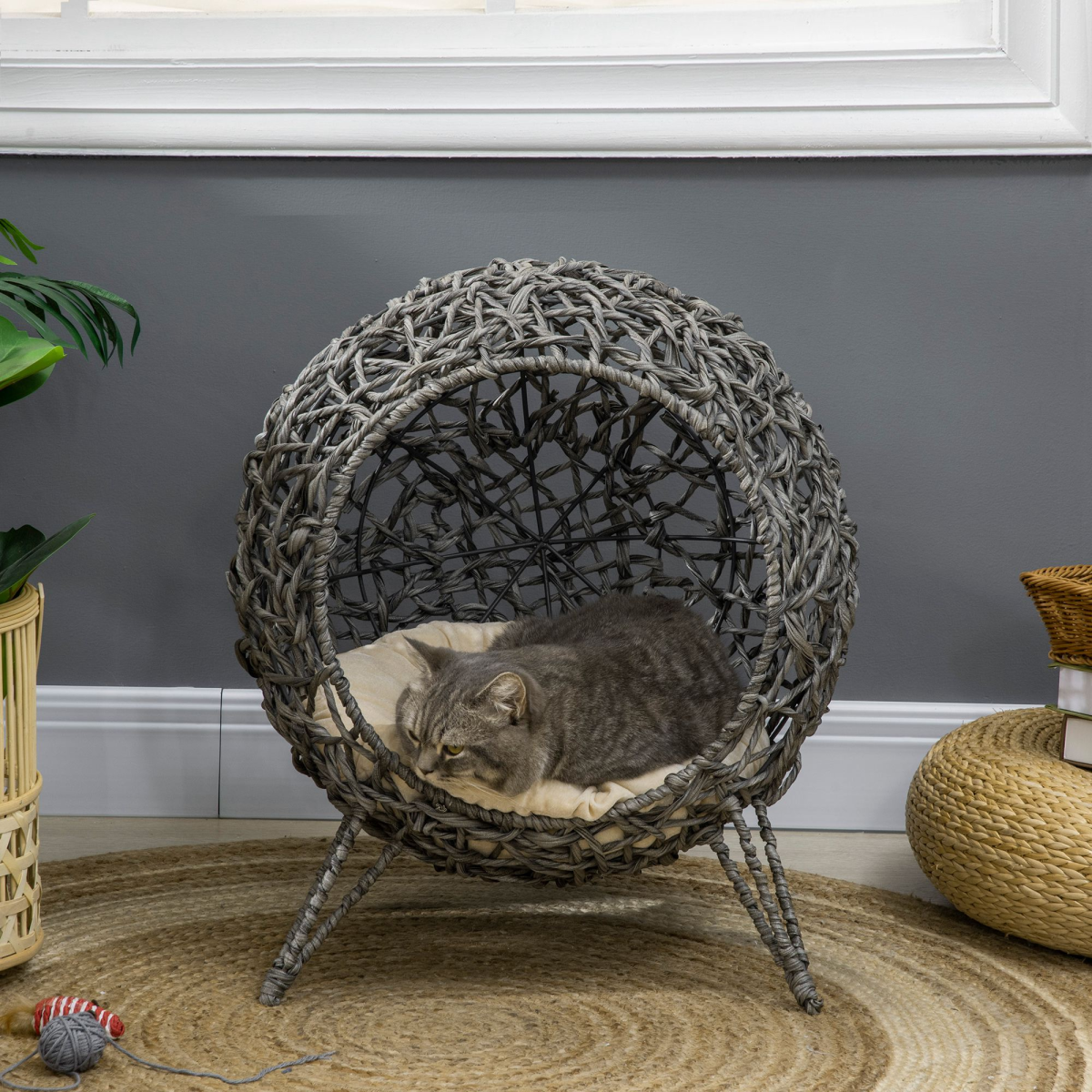 PawHut Elevated Rattan Cat House with Cushion, Grey