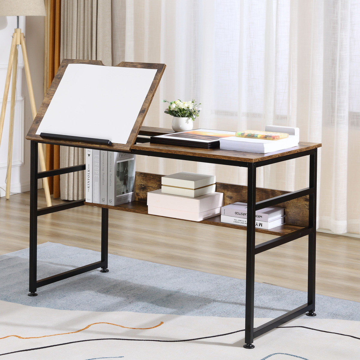 HOMCOM Tiltable Drafting Table Home Office Desk with Shelf, Rustic Brown