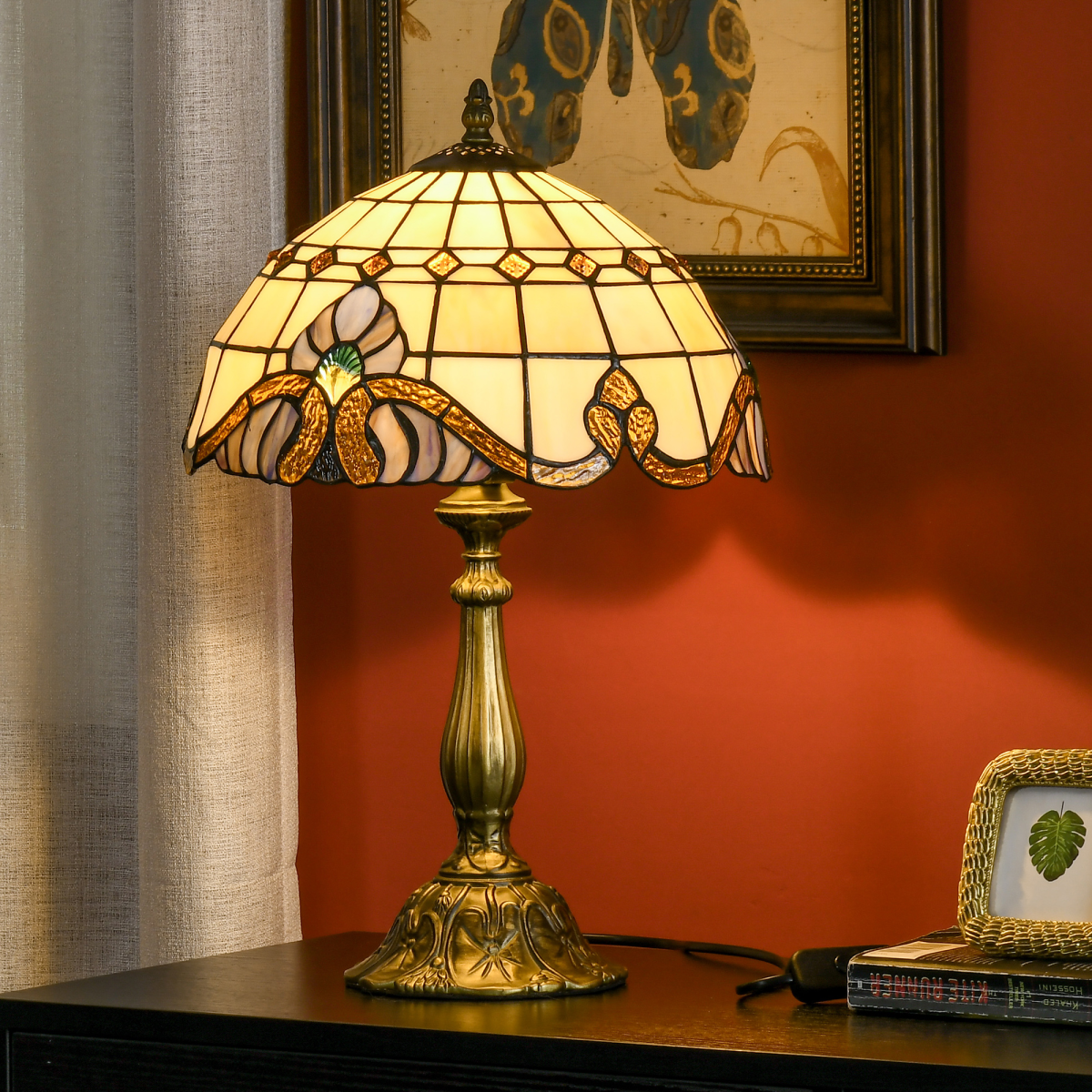 HOMCOM Stained Glass Table Lamp, Multi-Coloured, E27 Bulb Not Included