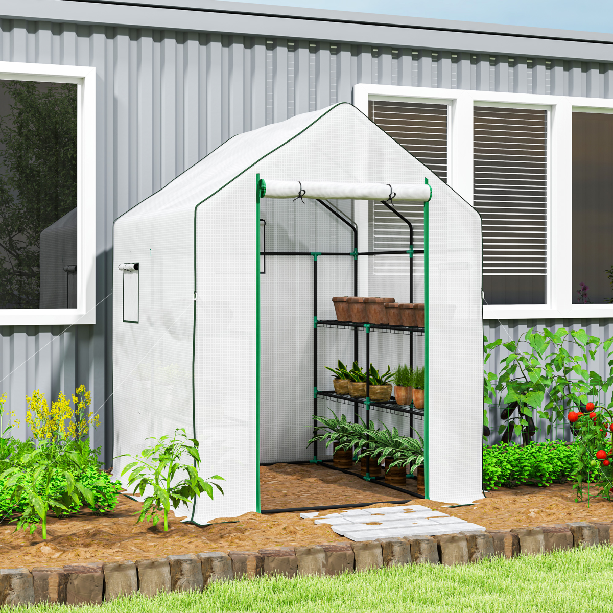 Outsunny Walk-In Greenhouse with 8 Shelves, White