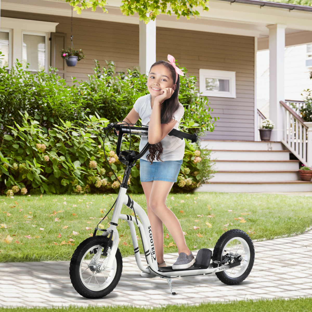 HOMCOM Dual-Brake Kick Scooter with 12-Inch Inflatable Wheels, Adjustable Height