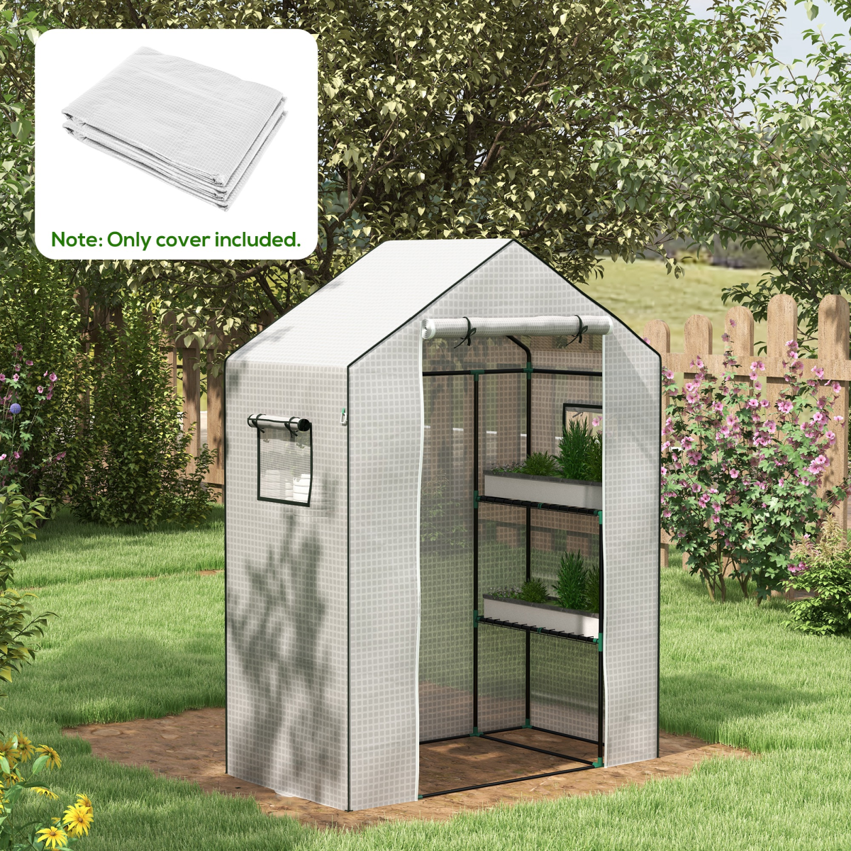 Outsunny PE Greenhouse Cover Replacement with Door and Mesh Windows, White, for SKU 845-511, 845-944V00WT