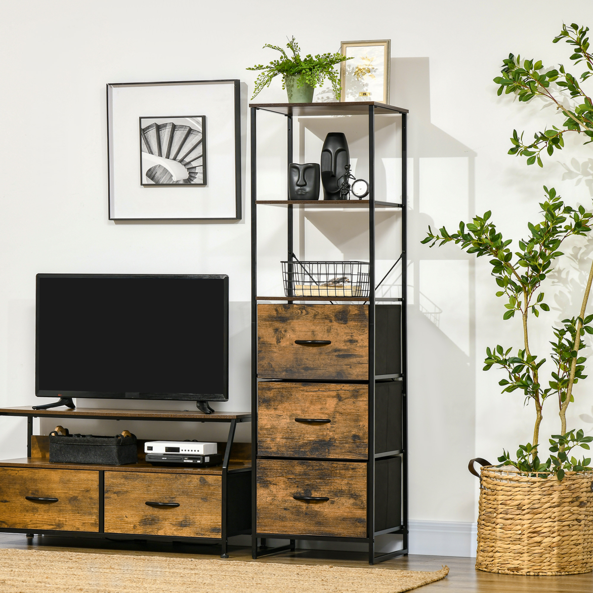 Industrial Storage Cabinet with 2 Shelves and 3 Fabric Drawers Rustic Brown