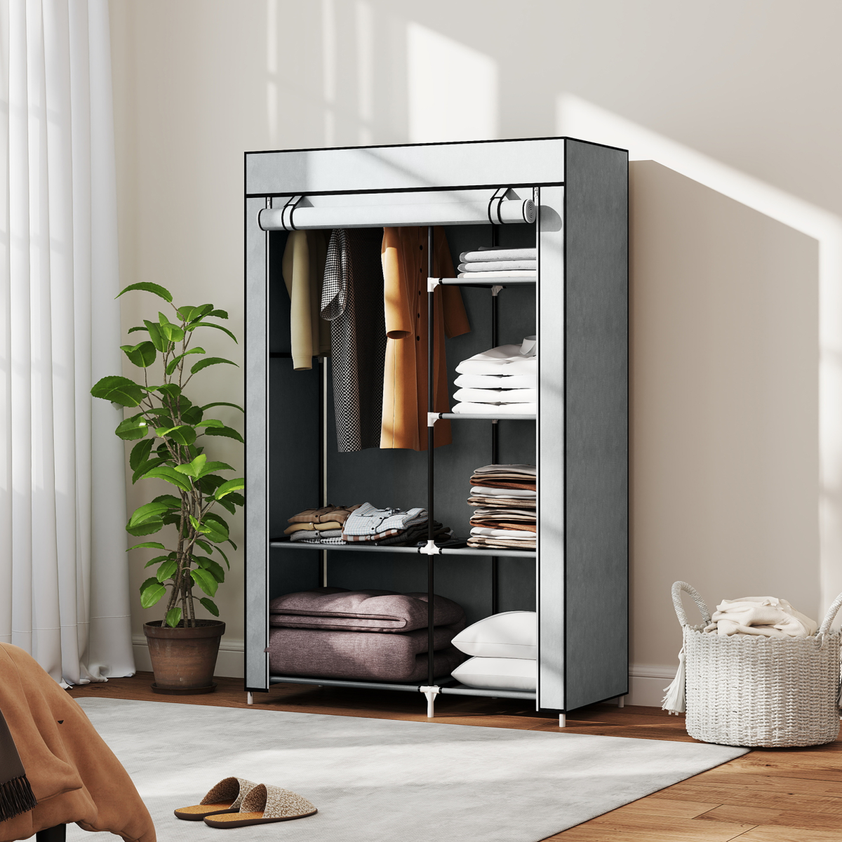 Portable Fabric Wardrobe with 6 Shelves, Hanging Rail, Light Grey