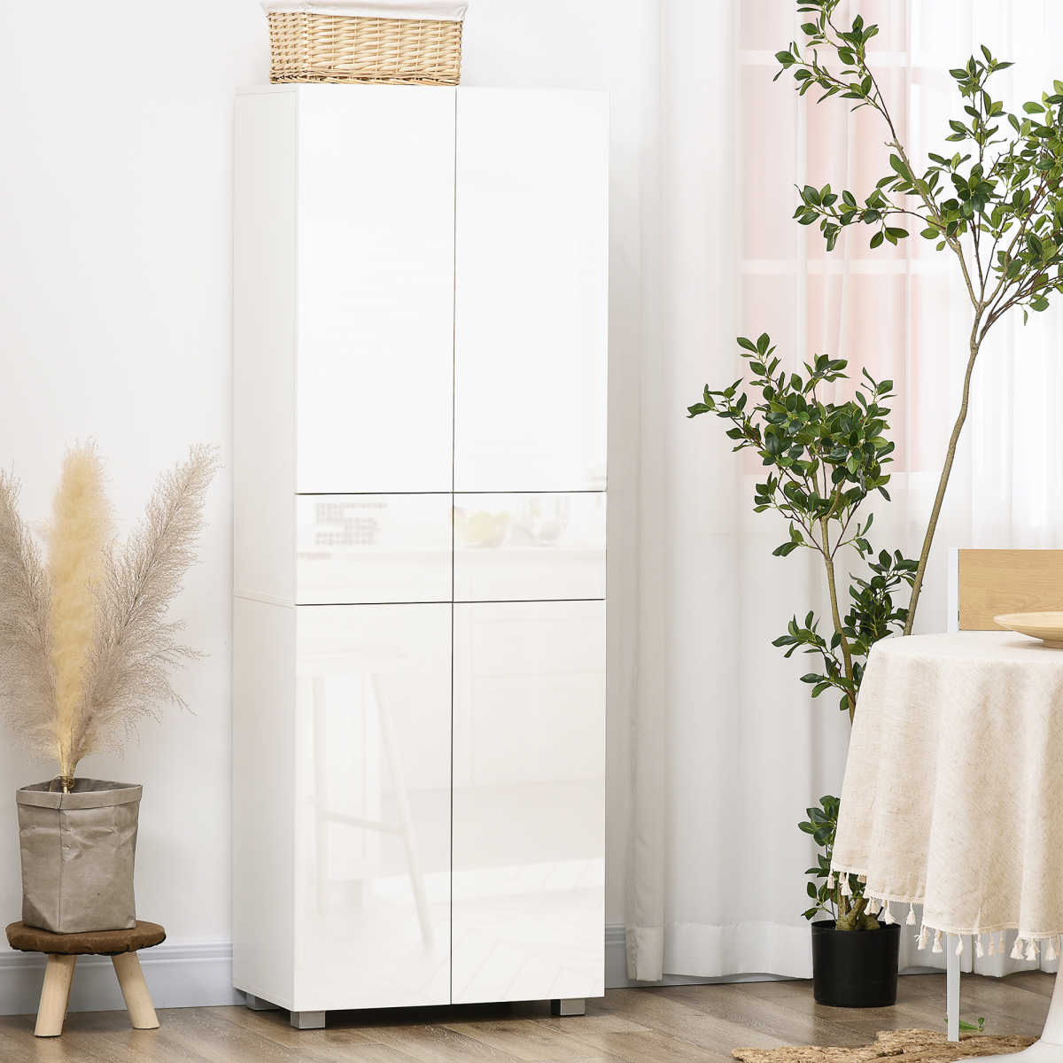 4-Door White Freestanding Kitchen Storage Cabinet with Shelves & Drawers