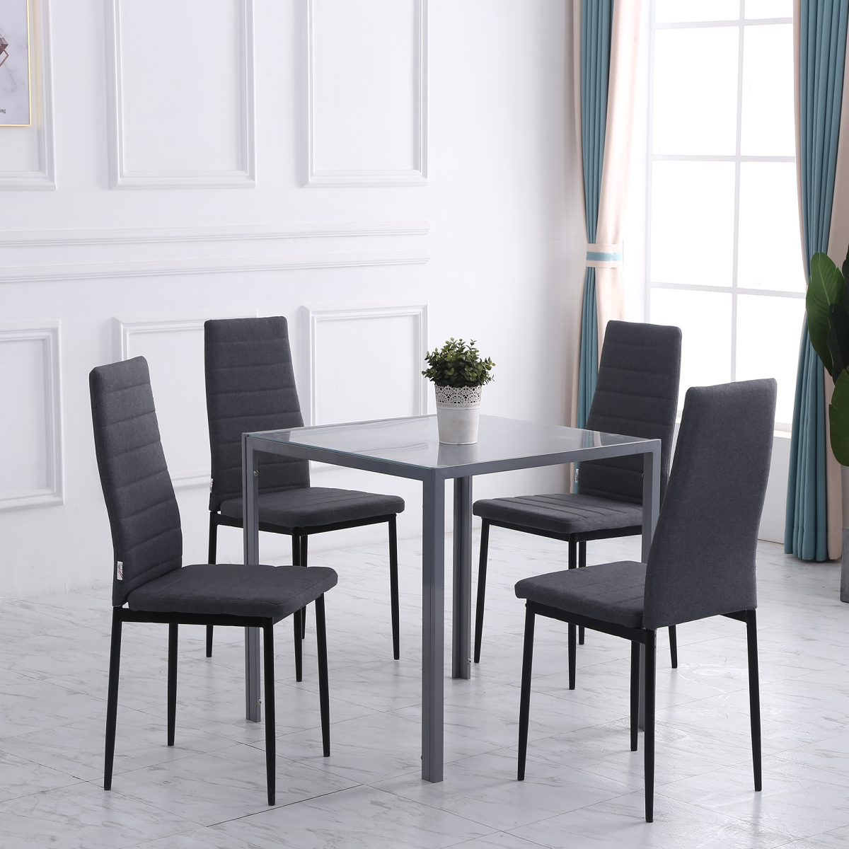 Set of 4 High Back Upholstered Dining Chairs, Grey Linen-Look Fabric, Steel Legs