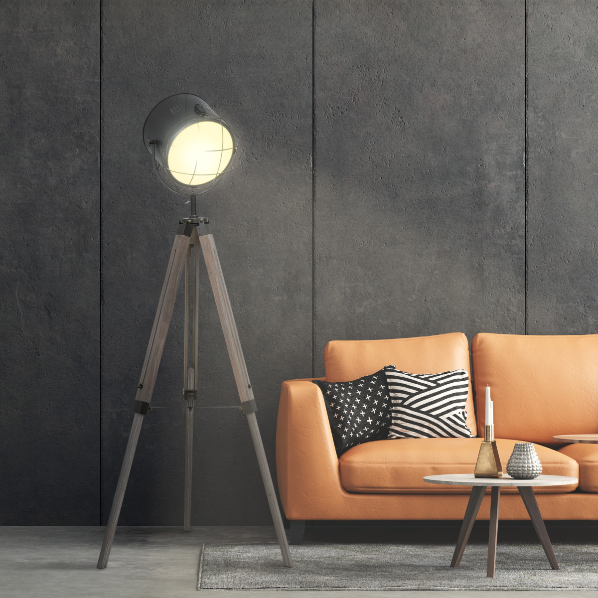 HOMCOM Pine Wood Tripod Spotlight Floor Lamp, Height Adjustable, Brown/Black