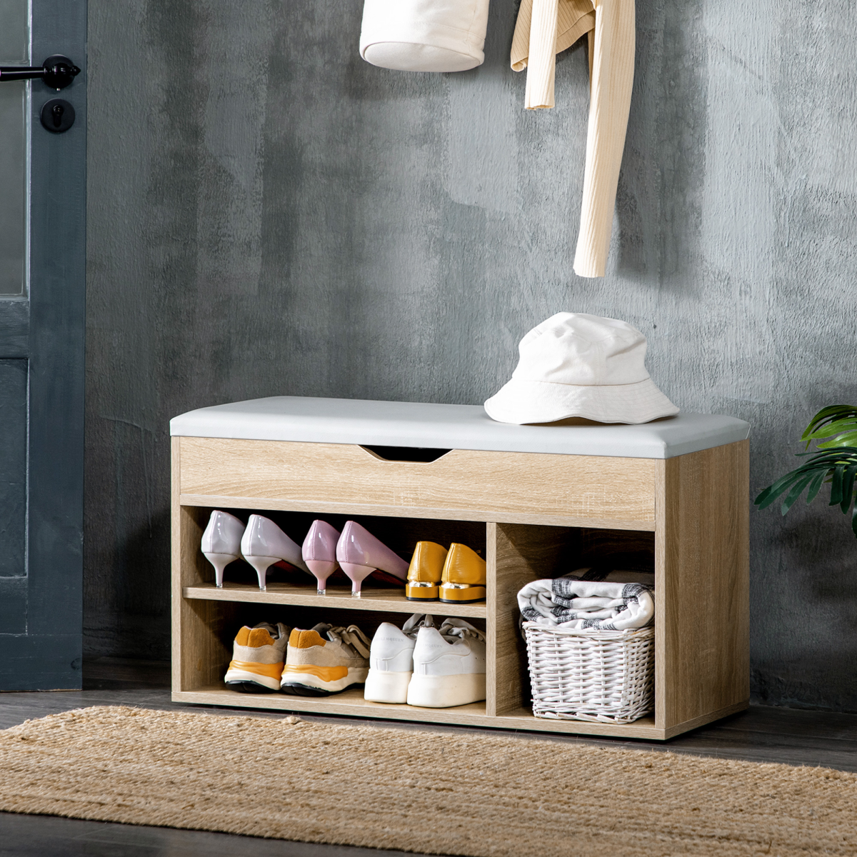 HOMCOM Shoe Storage Bench with Hidden Compartment and Padded Seat, Grey