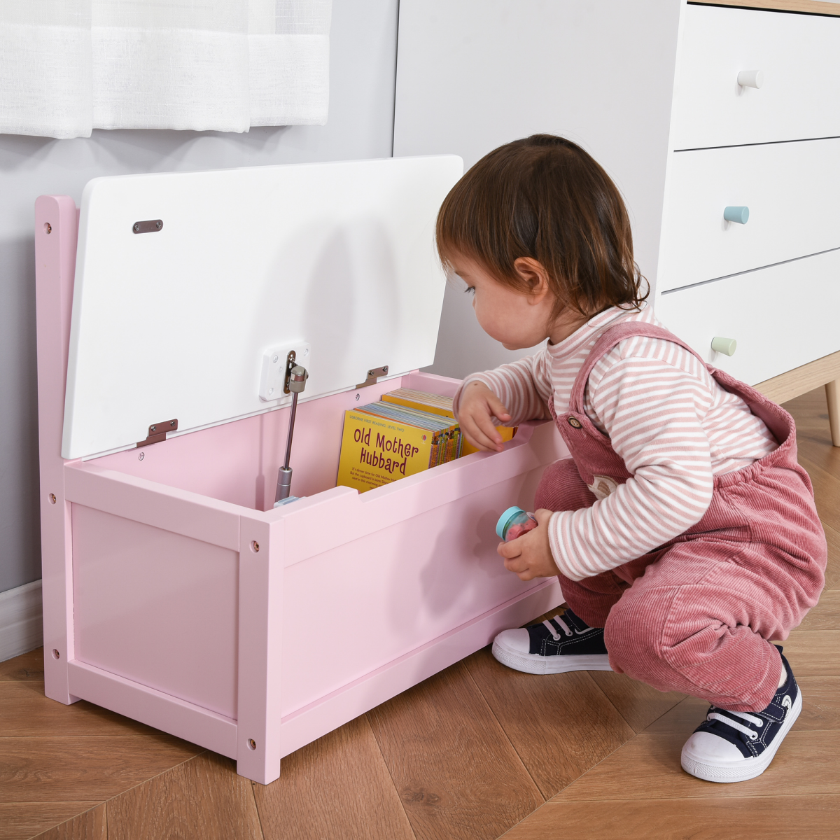 HOMCOM 2-in-1 Kids Wooden Toy Box Storage Bench with Seat, Backrest and Gas Stay Bar