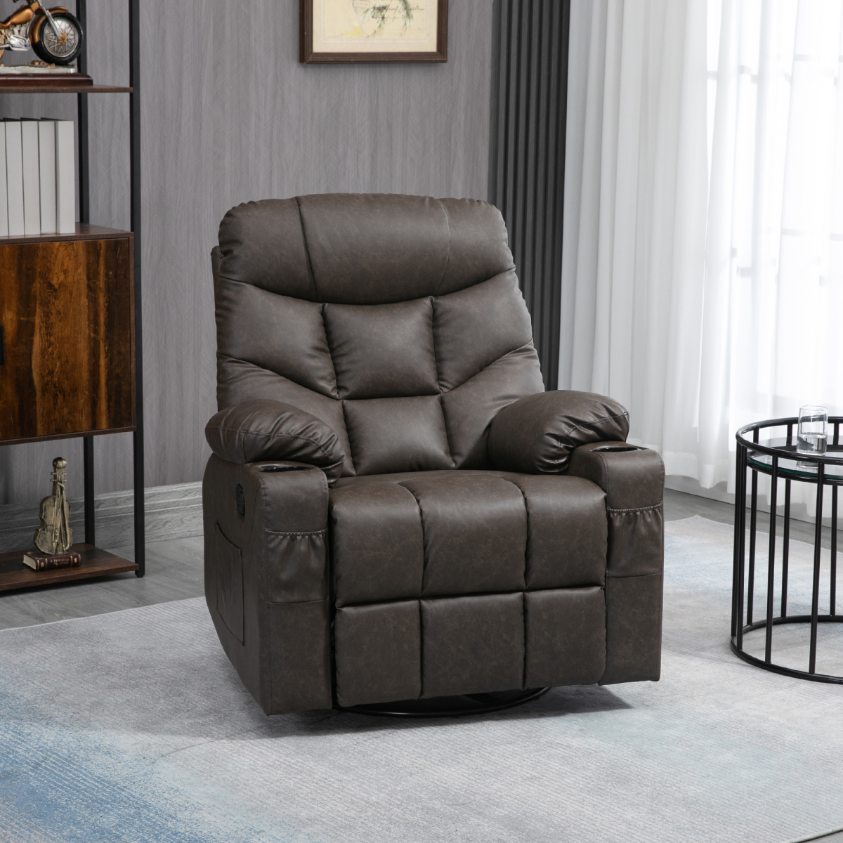 HOMCOM PU Leather Manual Recliner Armchair with Cup Holders, Brown