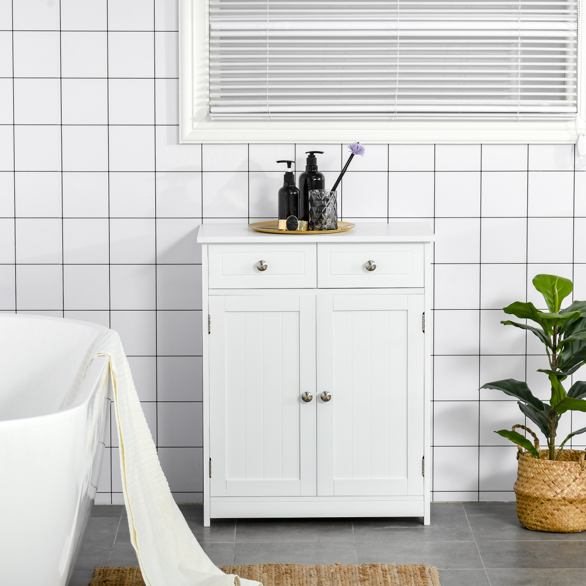 kleankin White Bathroom Floor Storage Cabinet with 2 Drawers, Cupboard and Adjustable Shelf, 75H x 60L x 30Wcm