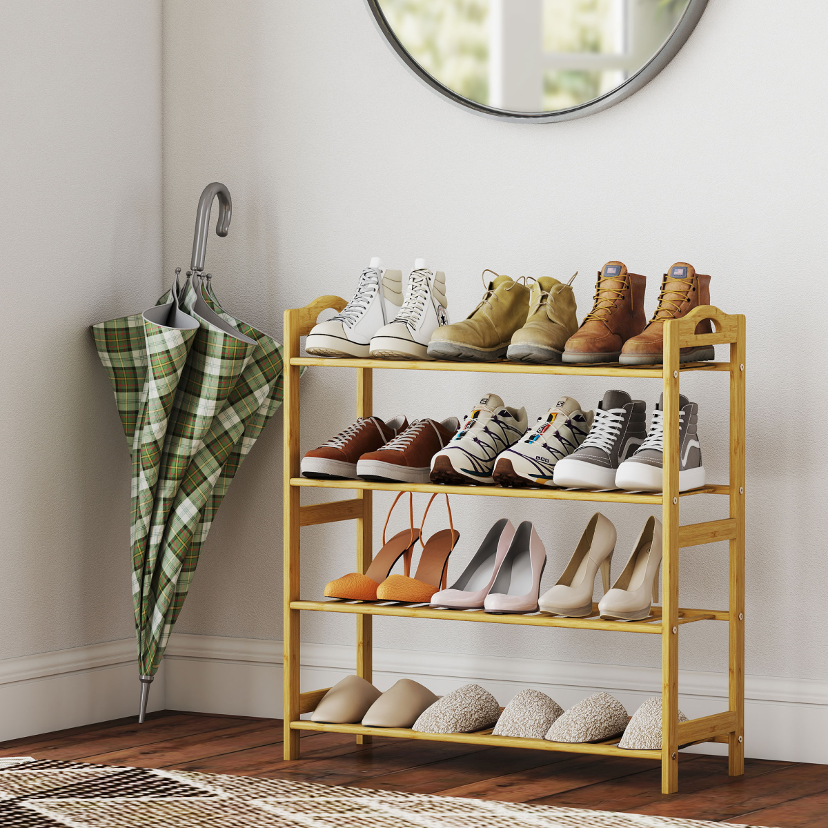 HOMCOM 4-Tier Bamboo Shoe Rack Shelf Stand, Natural Finish