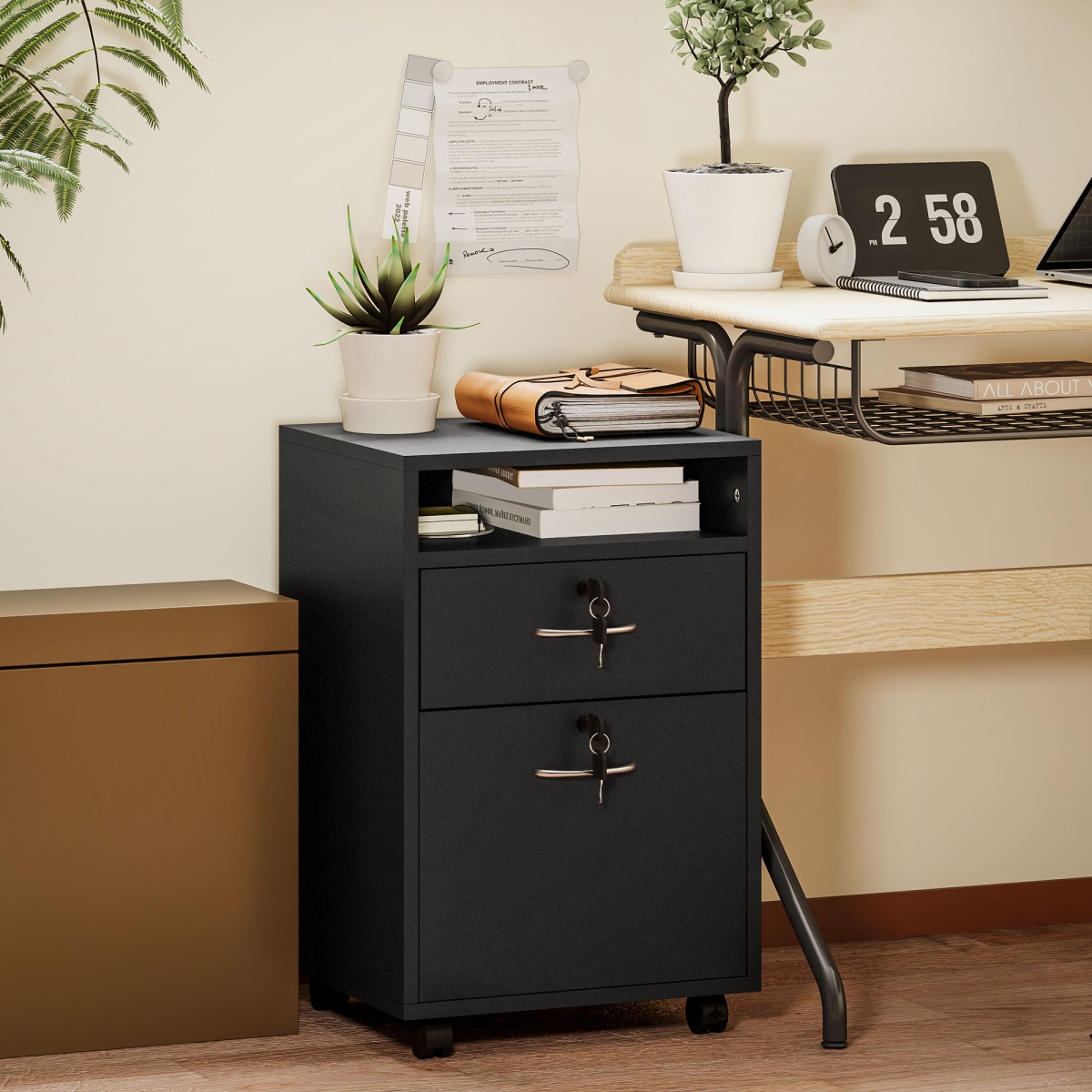 HOMCOM 60cm Black Storage Cabinet with Drawers, Open Shelf and Wheels