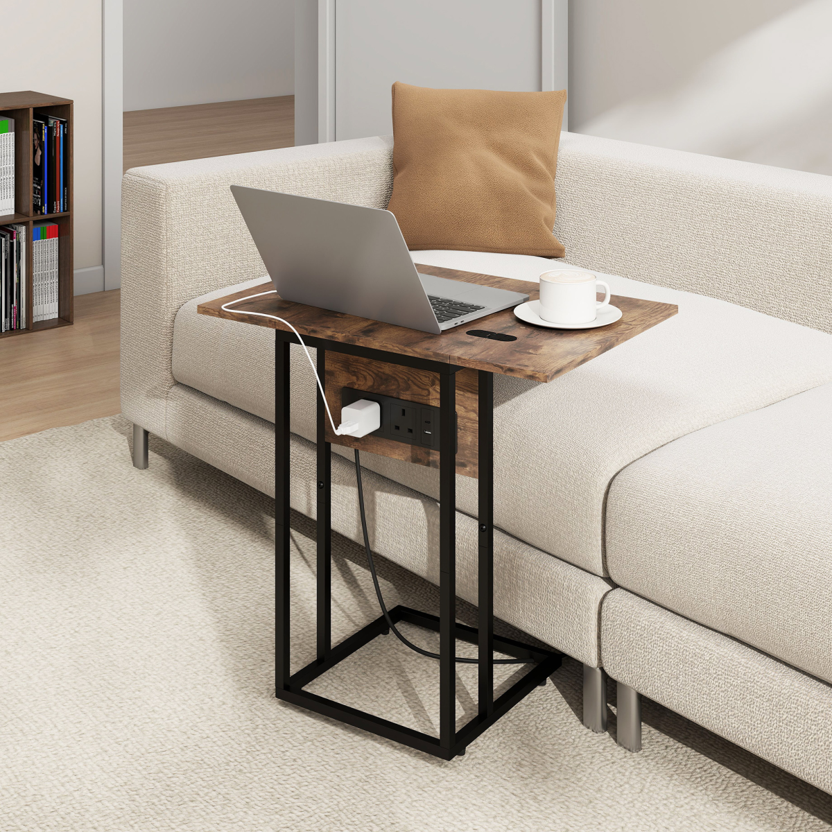 HOMCOM C-Shaped Side Table with Charging Station, Foldable Top