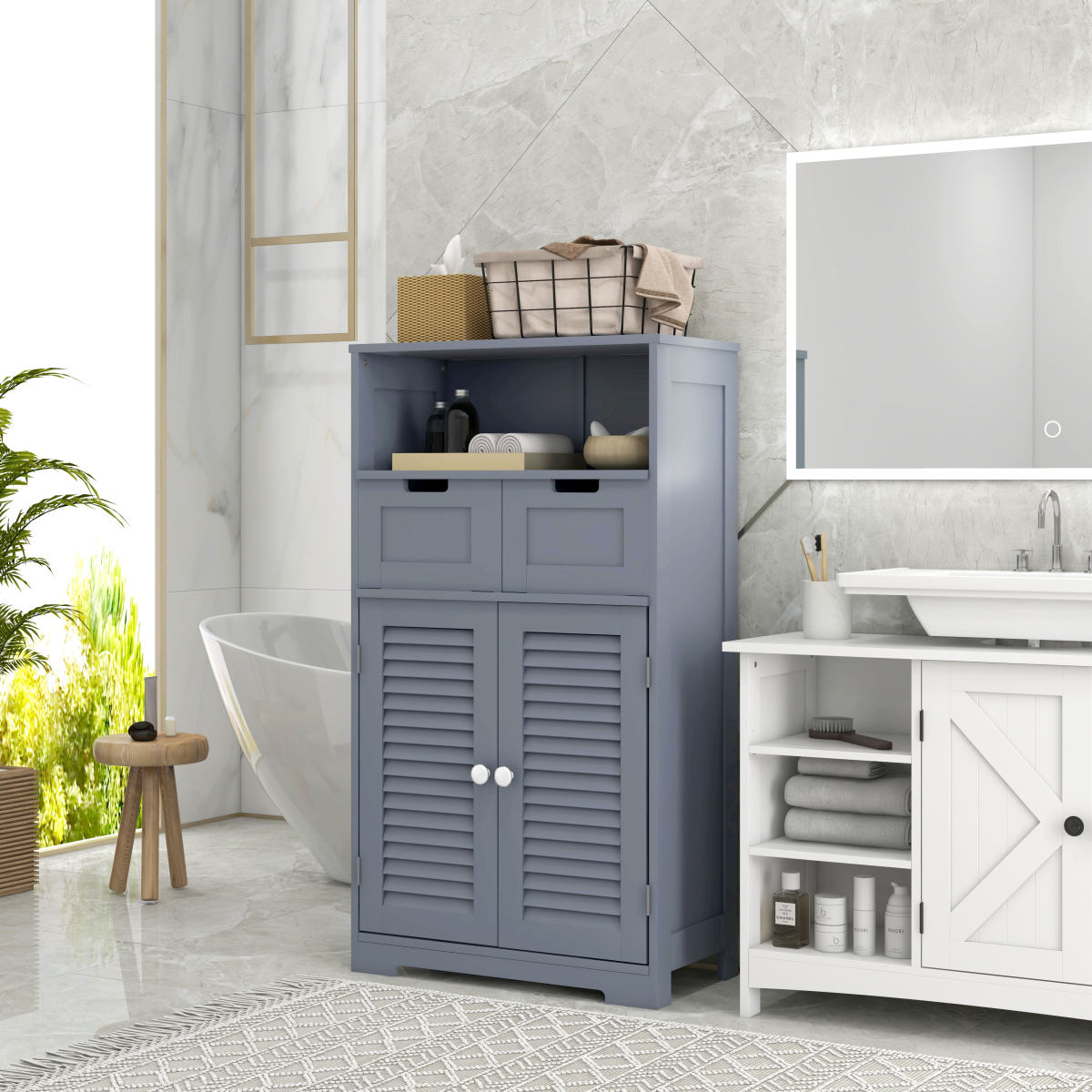 kleankin Grey Bathroom Storage Cabinet with Louvred Doors and Drawers