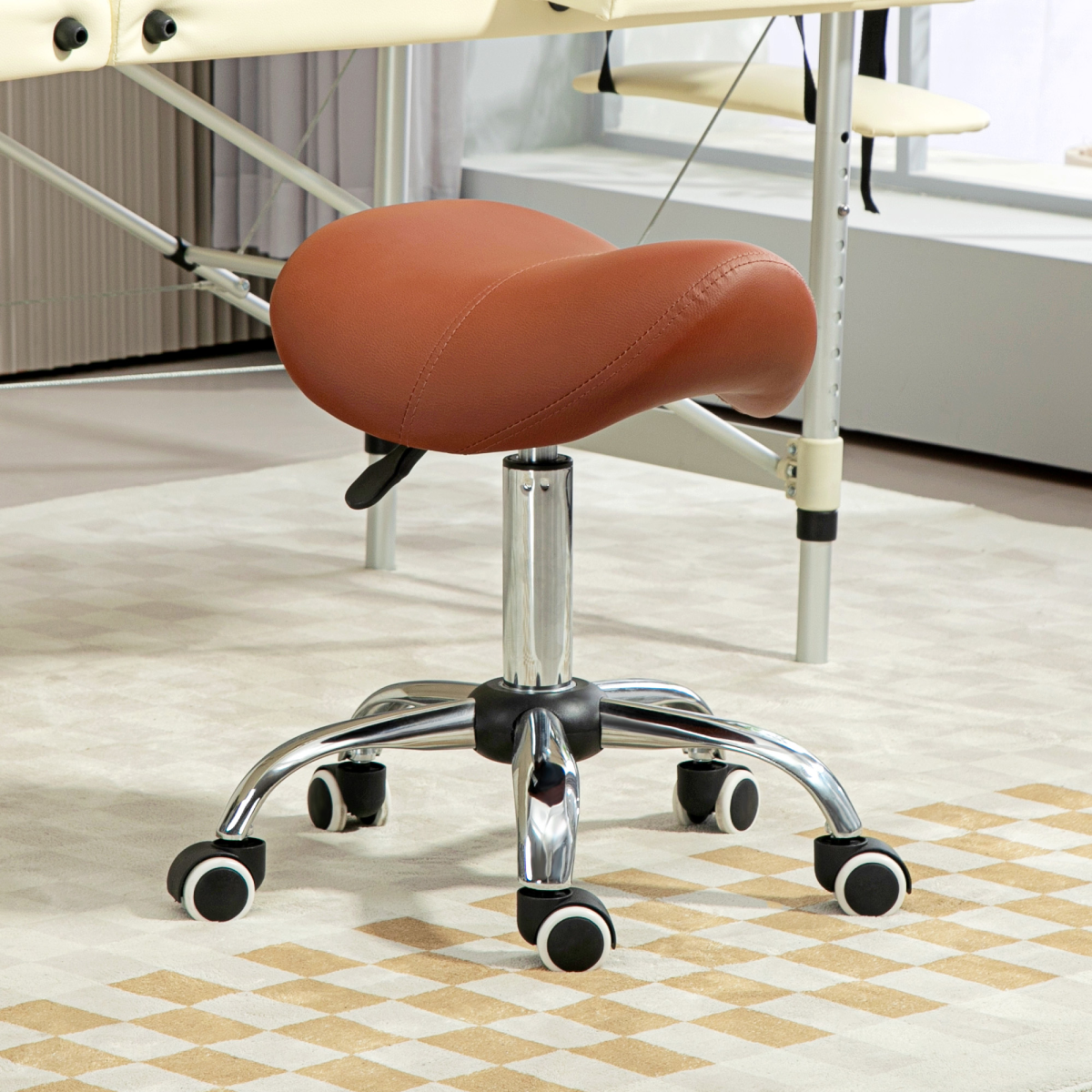 HOMCOM Adjustable Saddle Stool with Padded PU Leather Seat - Brown