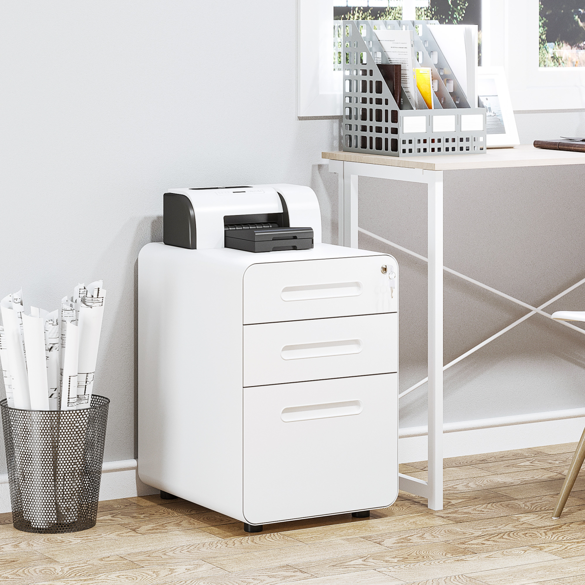 Modern 3-Drawer Steel Filing Cabinet with Lock, 4 Wheels, Pencil Box, White