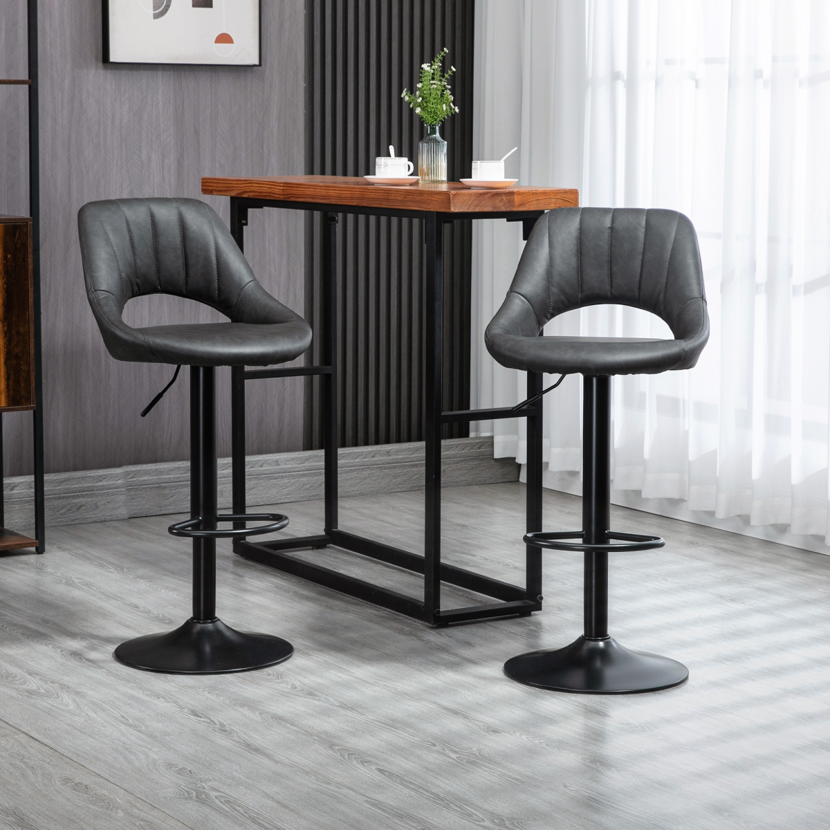 HOMCOM Set of 2 Adjustable Swivel PU Leather Counter Bar Stools with Footrest