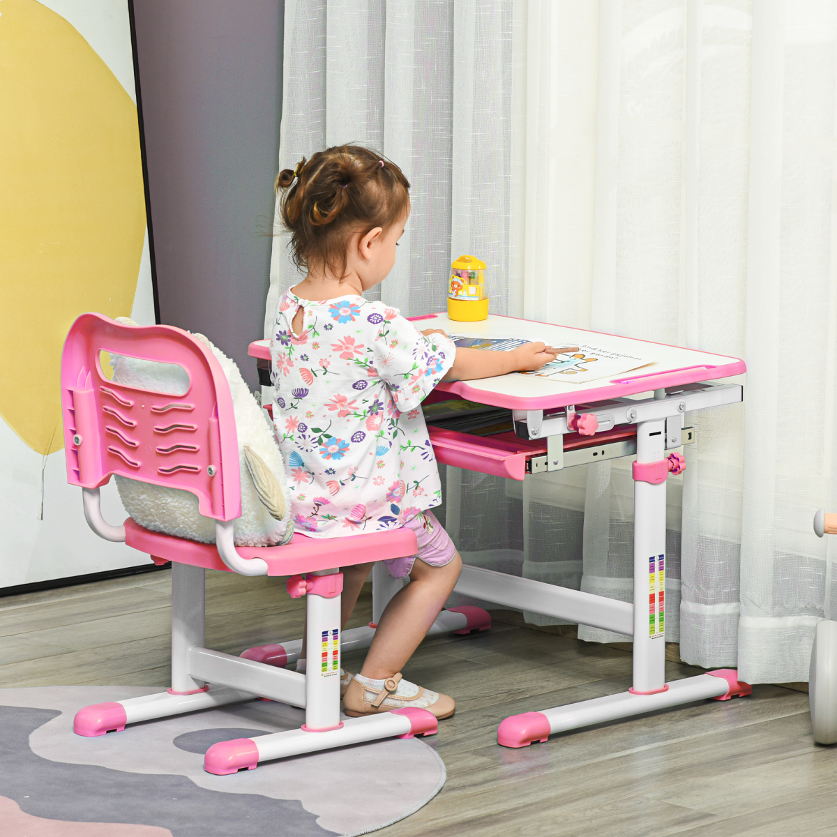 HOMCOM Kids Height Adjustable Desk and Chair Set with Drawer
