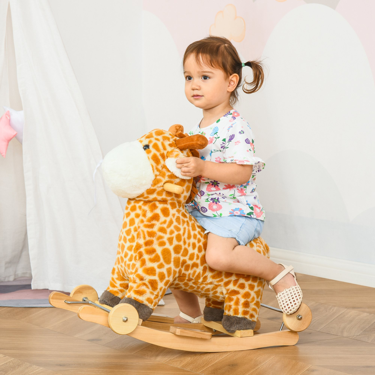 2-in-1 Kids Plush Giraffe Rocking Ride-On with Sound and Wheels Yellow