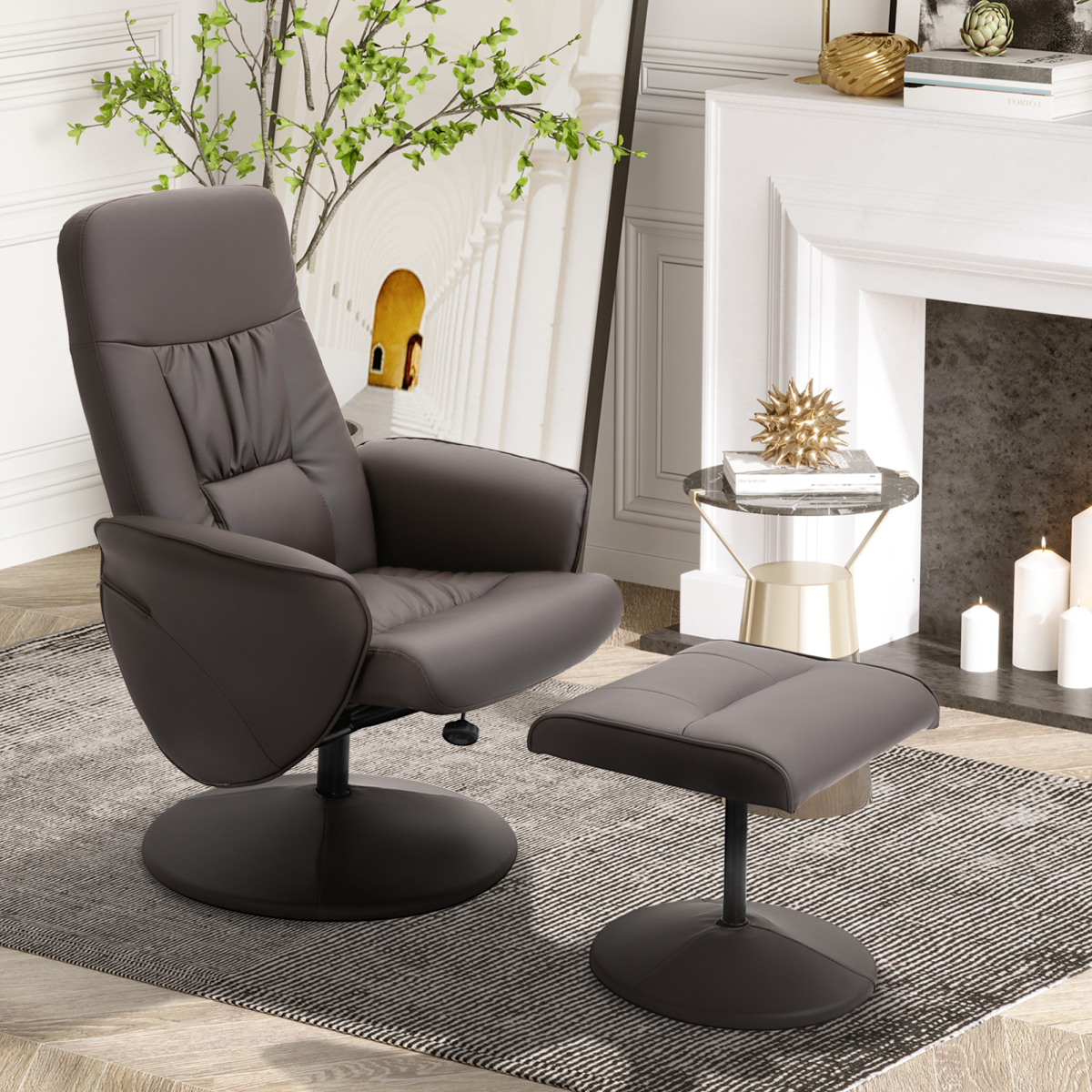 Brown PU Leather Reclining Armchair and Ottoman Set