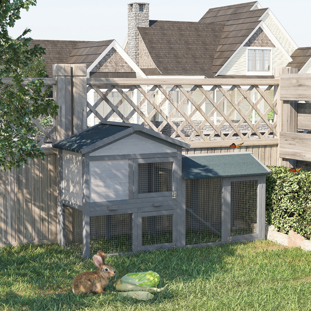 PawHut 5ft Wooden Rabbit and Guinea Pig Hutch with Run, 2-Tier Outdoor Pet Cage